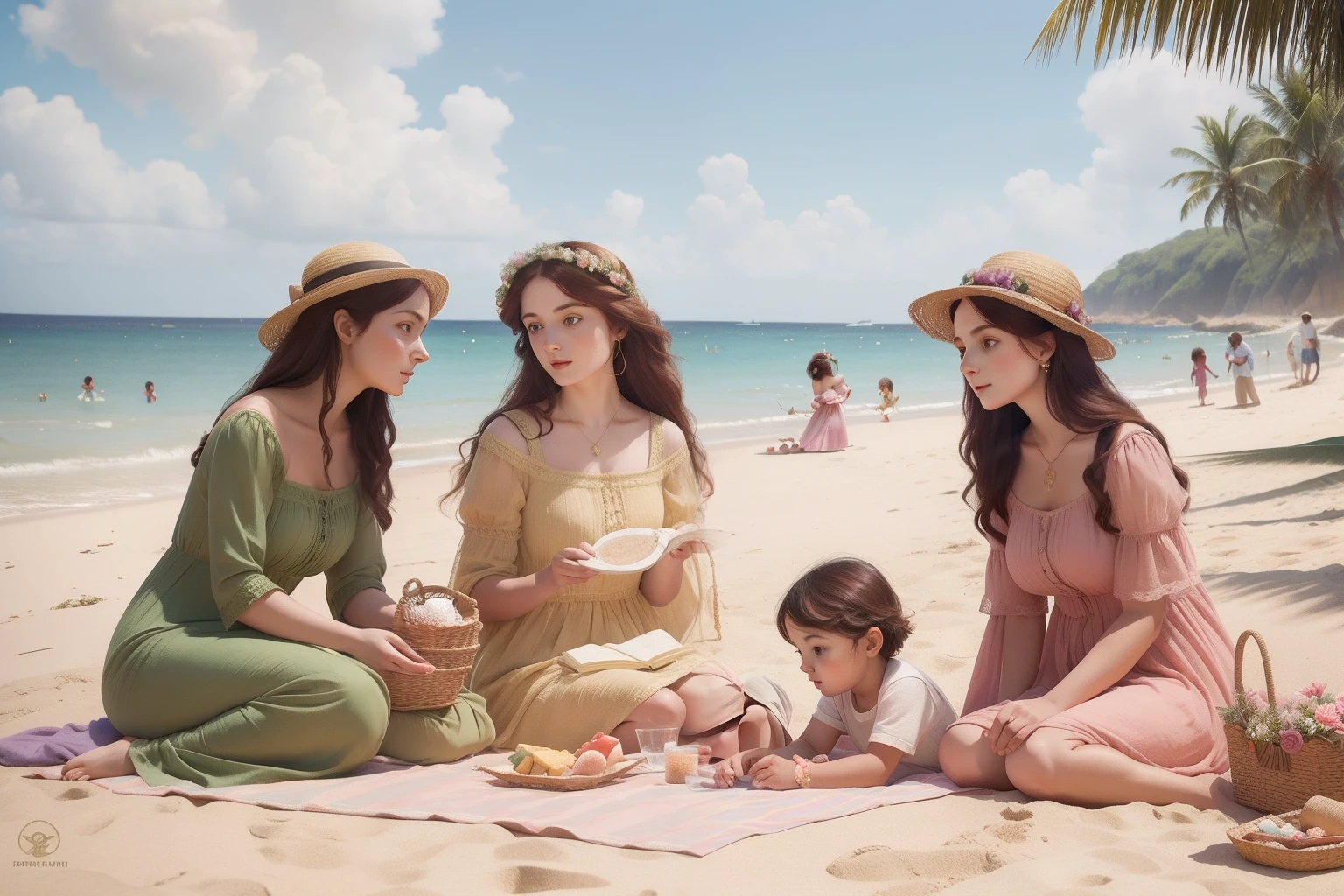 In the exquisite Pre-Raphaelite style, convey a family of four, dressed in harmonizing pastel outfits, enjoying a sun-kissed beach picnic, with children sculpting intricate sandcastles as parents bask in the warmth.