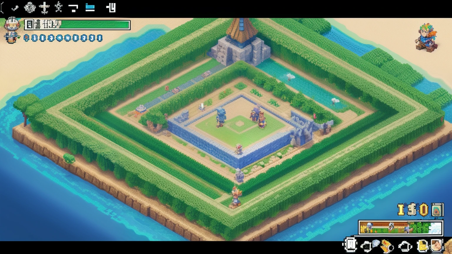 鸟山明风格，Flat pixel games《dragon quest》，Game scene design，（a paradise：1.4），16-bit pixels