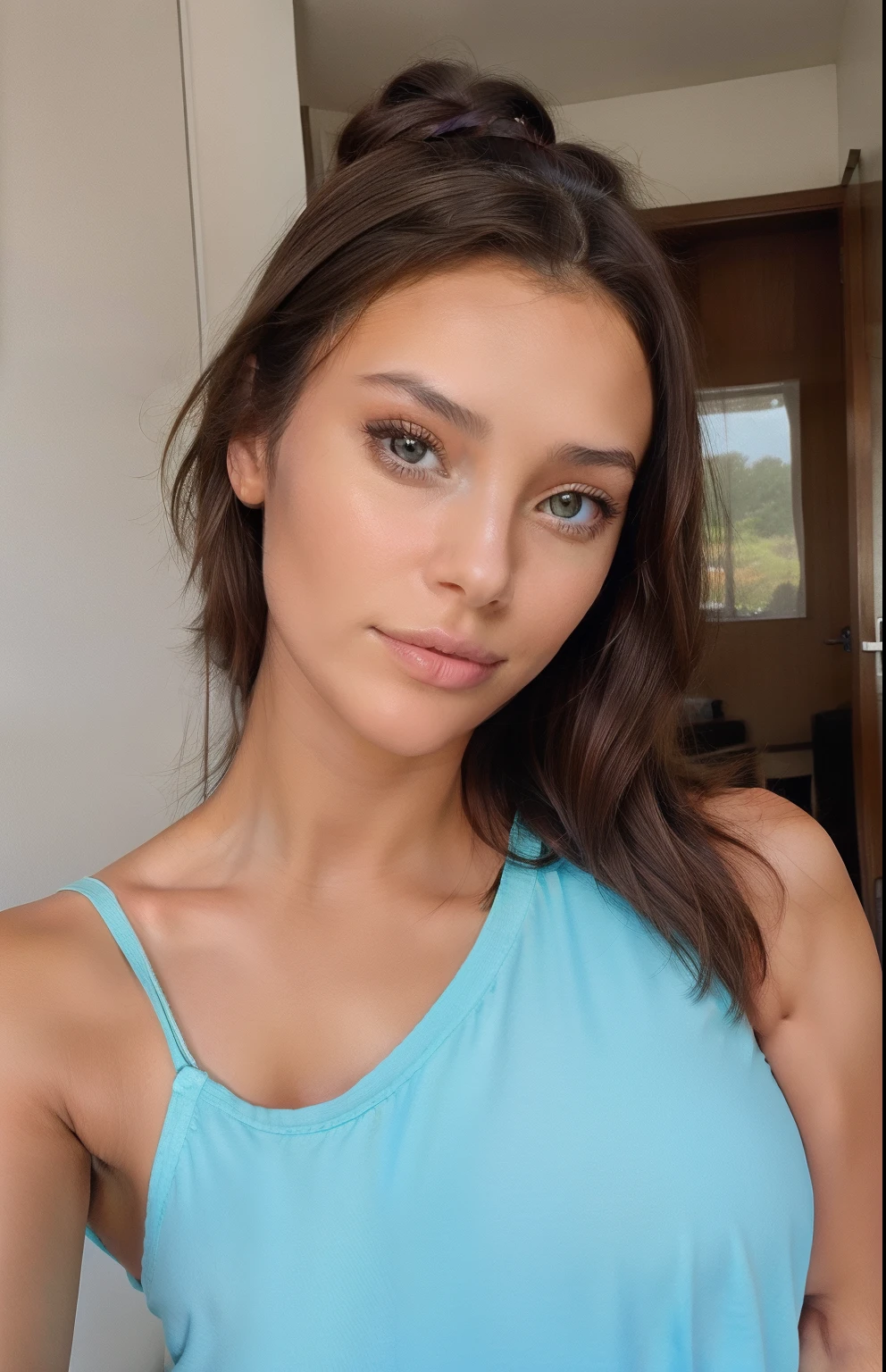 Jeune femme brune, porte un haut style tactique, Selfie Snapchat, naturelle proche visage, story instagram