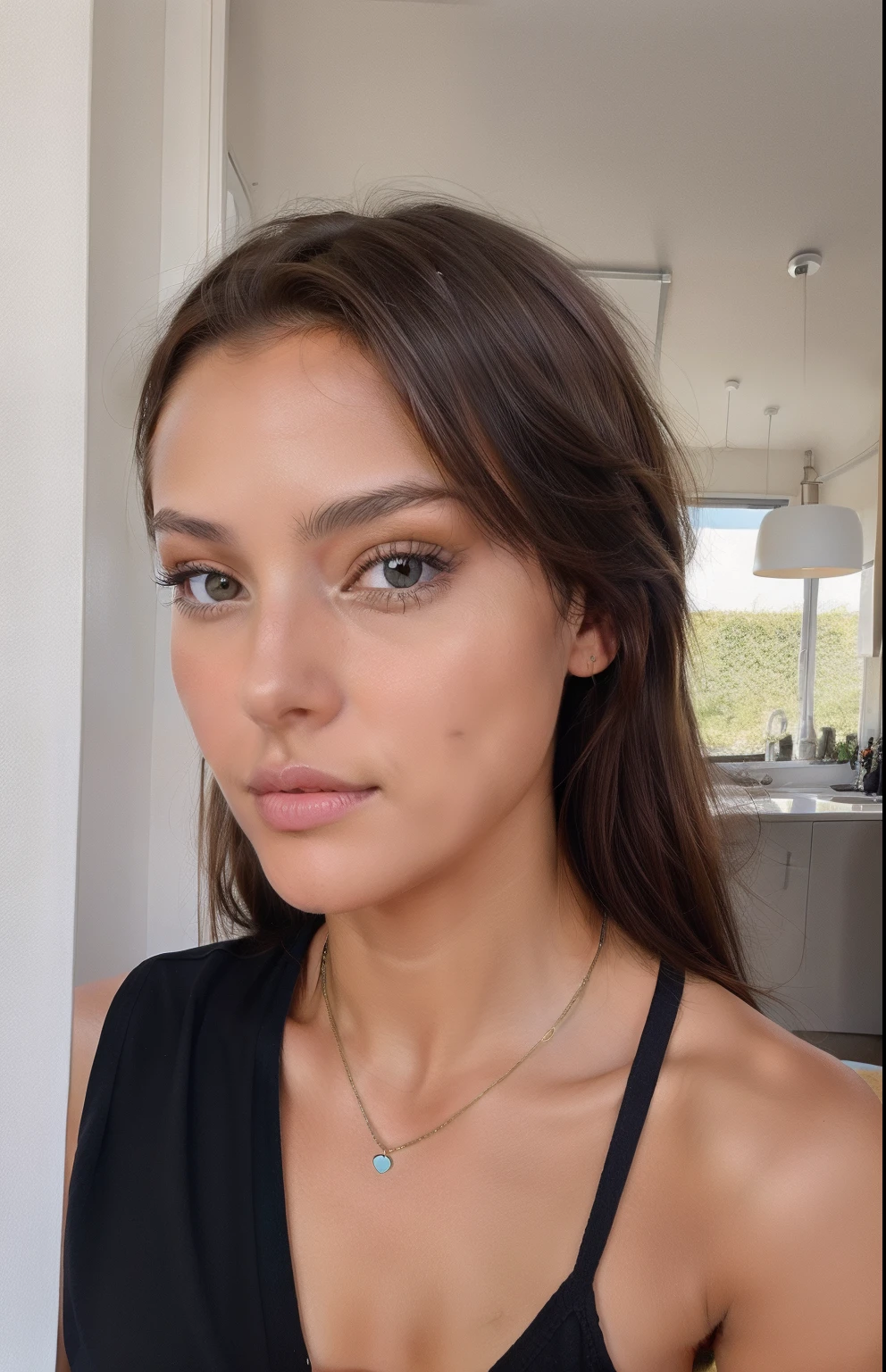 Jeune femme brune, porte un haut style tactique, Selfie Snapchat, naturelle proche visage, story instagram