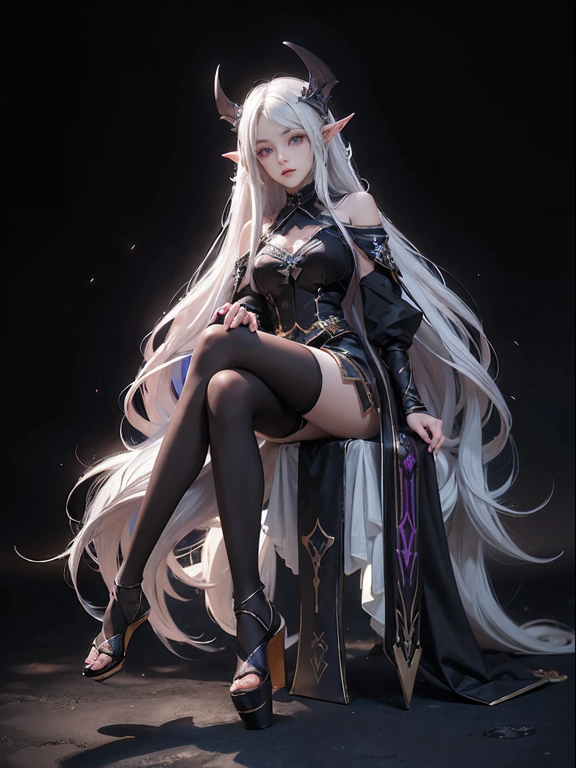 best qualityer,tmasterpiece,Ultimate resolution,downy,Extremely colorful,Colorful,Night,dark night background,Long flowing white hair,(Dark Elves),a matural female,Black pedal socks,(heeled sandals),Extremely normal posture,Normal posture
