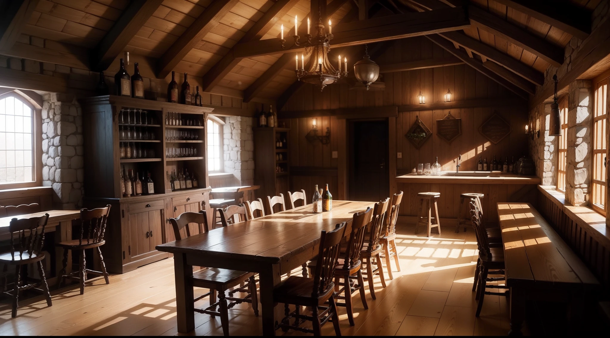 medieval tavern, interior, 15th century, beer, wooden table, wooden interior, vulgar, simple, modest