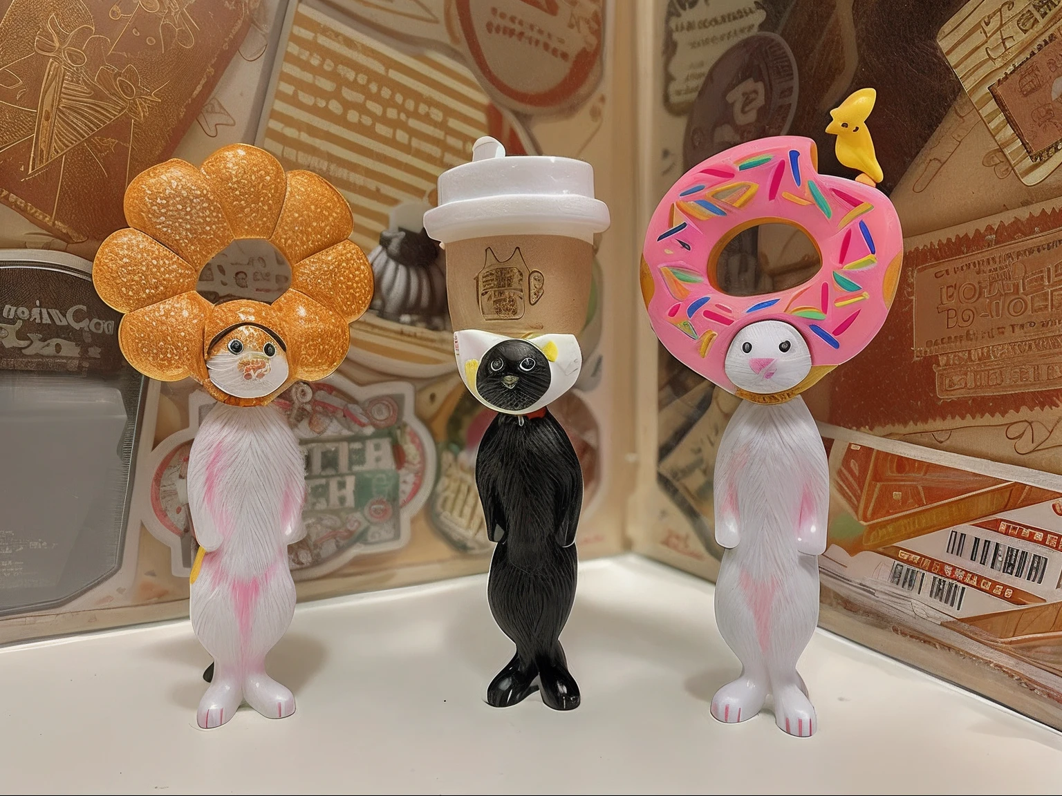 there are three cats that are standing next to each other, sofubi, vinyl toy figurine, art toys on a pedestal, Kinked cracks, (((luke chueh))), figurines, As 3 digits, art toys, toys figures, taken with sony alpha 9, kenny wong x pop mart, inspired by Jeff Koons, Mark Ryden style