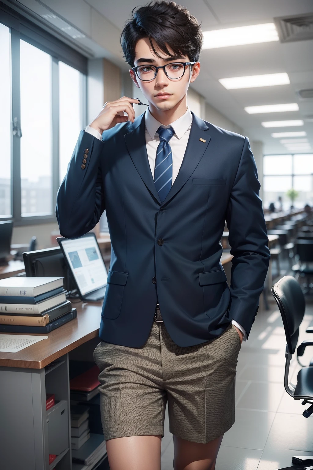 boy,adolable,wears glasses,office worker,college aged,designer,short detailed hair,Blue