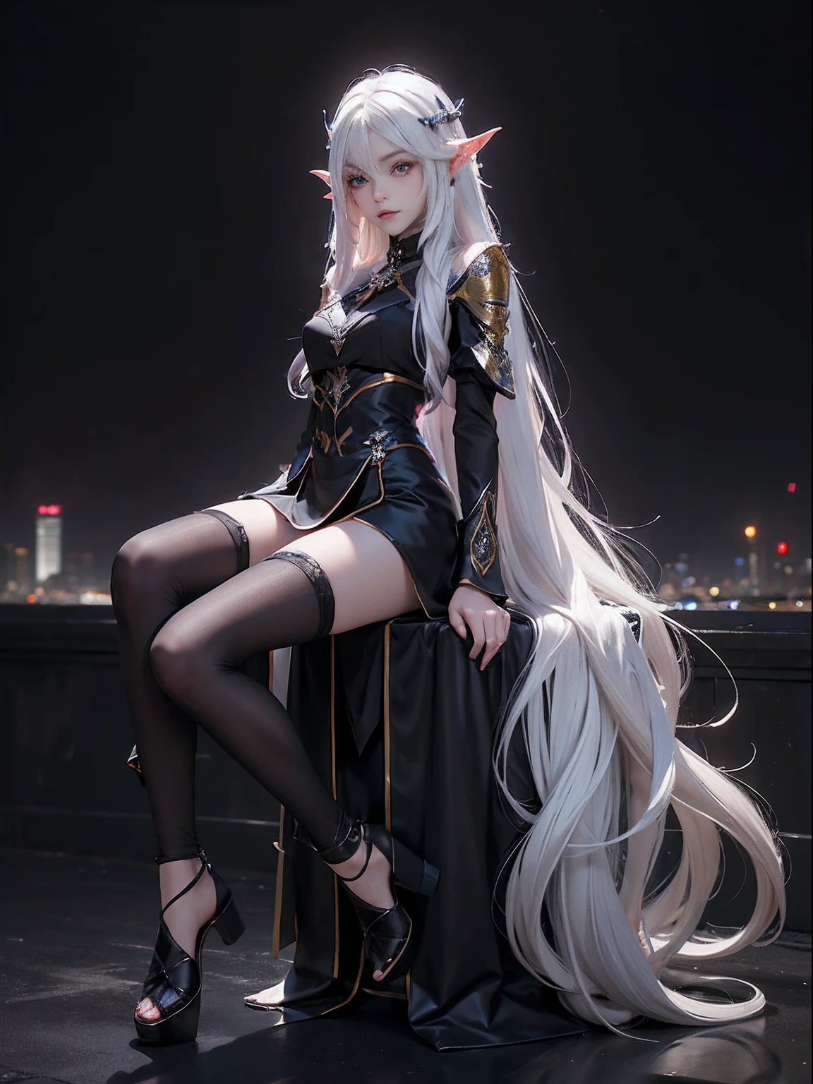 best qualityer，tmasterpiece，Ultimate resolution，downy，Extremely colorful，Colorful，Night，dark night background，Long flowing white hair，(Dark Elves)，a matural female，Black pedal socks，（heeled sandals），Extremely normal posture，Normal posture