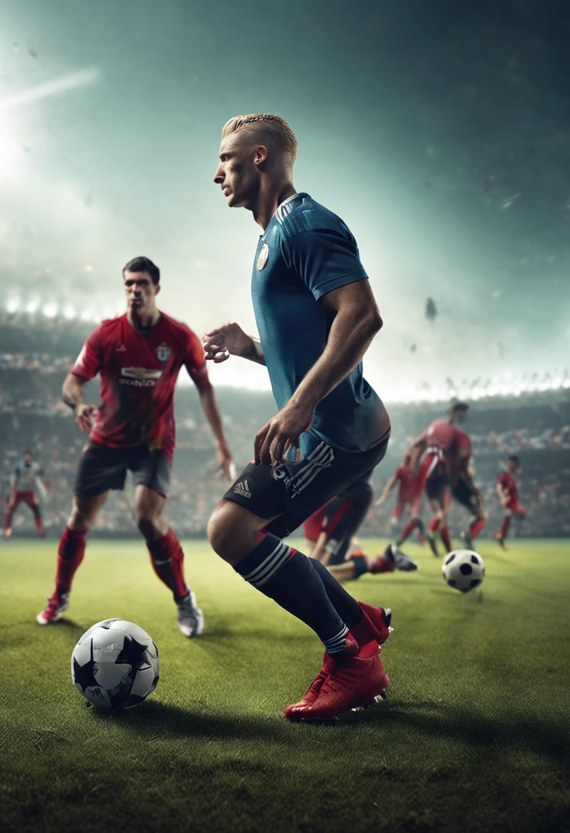 Man playing football, a blond, Slightly dark, adidas uniforms, Spikes nike black, lawn, Trying to kick the ball