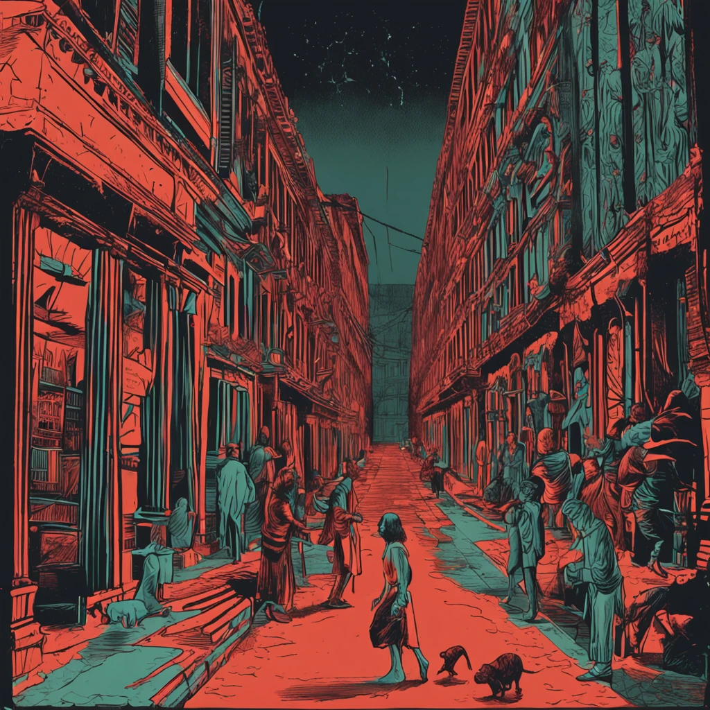 This is a scene from a musical,In the dark night of Verona, A city full of hate, The Red Family and the Blue Family fight each other, In an atmosphere of sadness and despair, In dark and scarlet colors, actionpose, Long shot, spotlight lights, Photorealistic, Fantastic imagery, Dark orange and green, Delicate depiction of plants, photo-realistic, slumped/Draped, Best quality, hyper HD, 16k
