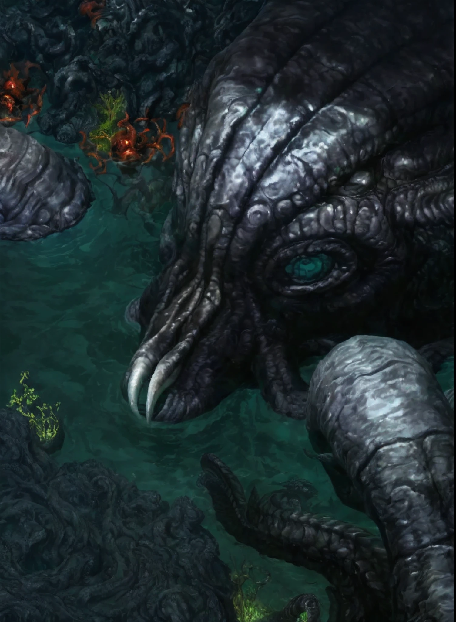 There is a huge creature in the water, detailed maw, the hydra from path of exile, underwater leviathan, lovecraftian sea creature, serpentine water monster, detailed hot maw, large mouth, zerg hydralisk, you looking into the maw, Alien octopus in a swamp, hd screenshot, detailed screenshot, maw art