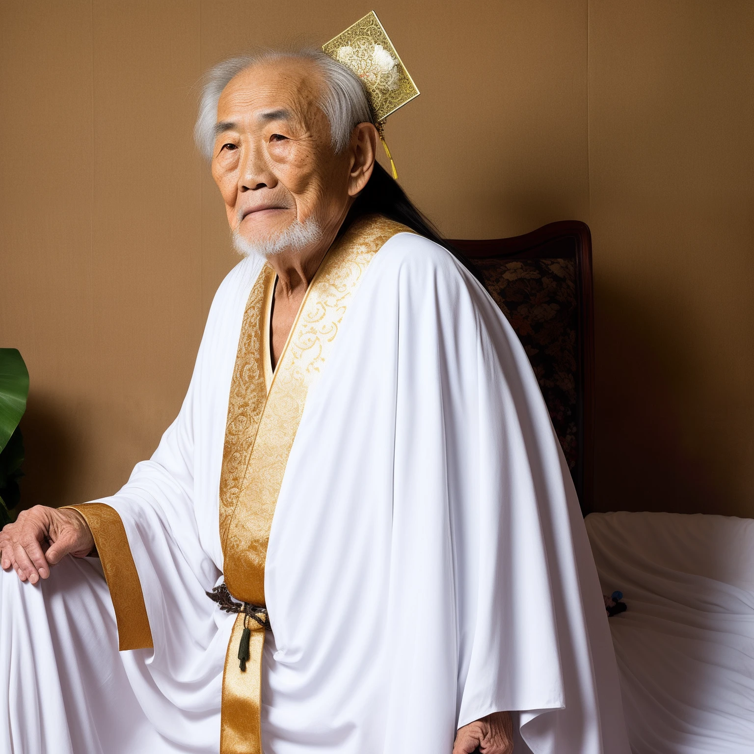 An elderly one，Kind，a chinese male，Long hair，Long beard，Wearing a Taoist robe，Handheld dust，Sit cross-legged on a futon，Wearing a lotus crown on his head，white backgrounid，high detal，Ultra high quality，A high resolution，stunning detailed