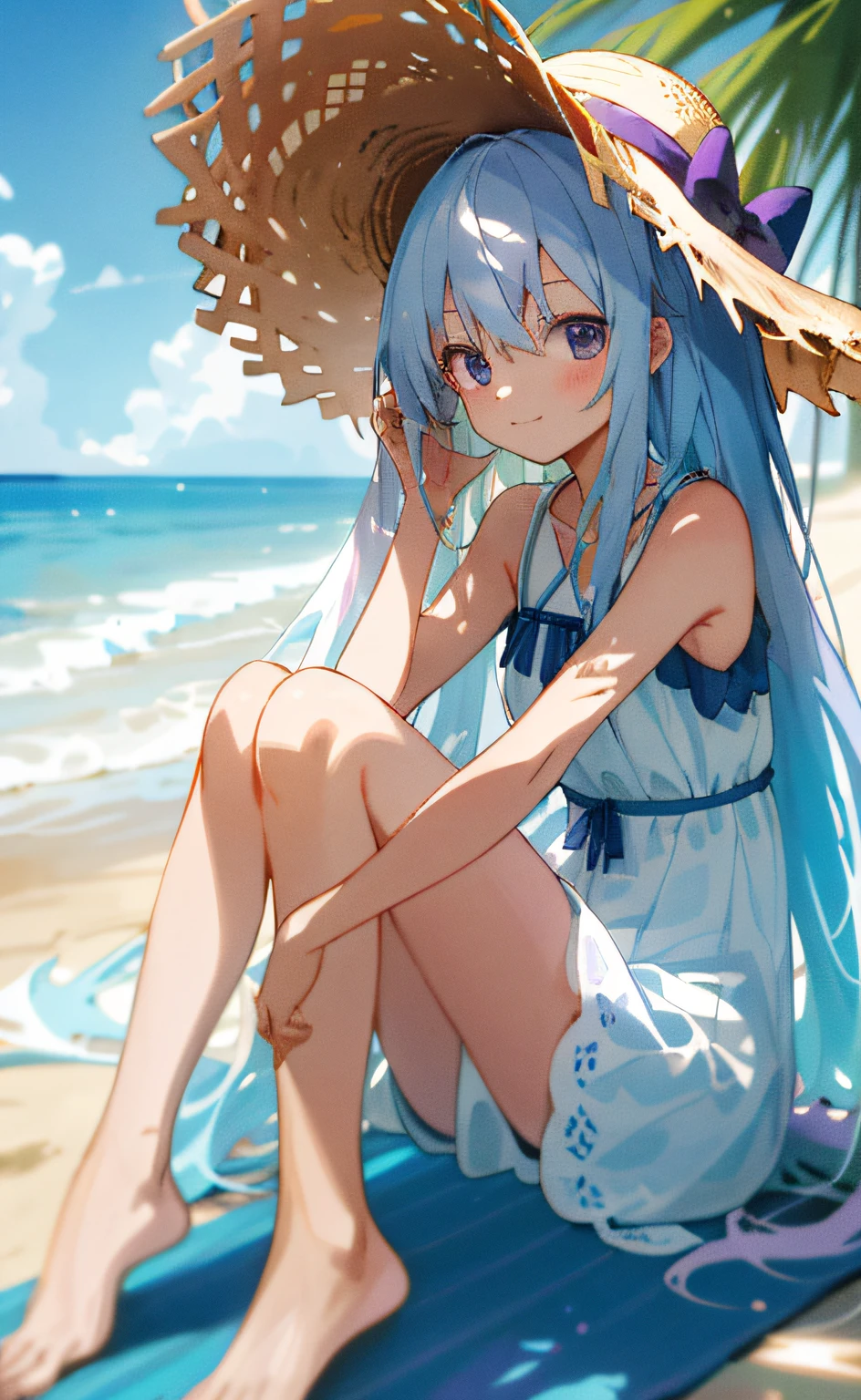 ((Masterpiece,Best quality)),beachside,1girll, Solo, Barefoot, Knees up, White color hair,Pick dyeing,purpleish color,Cute and touching personality,having fun,Straw Hat Hat,White dress,Blue pattern,,Very long hair,full bodyesbian,Sunlight,Mottled vision day,Narrow waist,Slim legs
