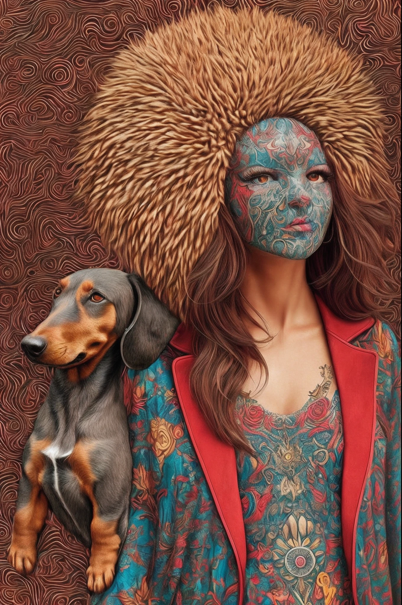 a 70s photo shoot for a really cool 70s record cover, all the band are upright biped anthropomorphic 'dacshunds', all big hairy creatures with dachshund heads, all wearing cool 70s colours and patterned 3 piece suits, award winning photography, super high resolution, hyper detailed, wide shot, depth of field, no text, style:Digital Fantasy Art --auto --s2