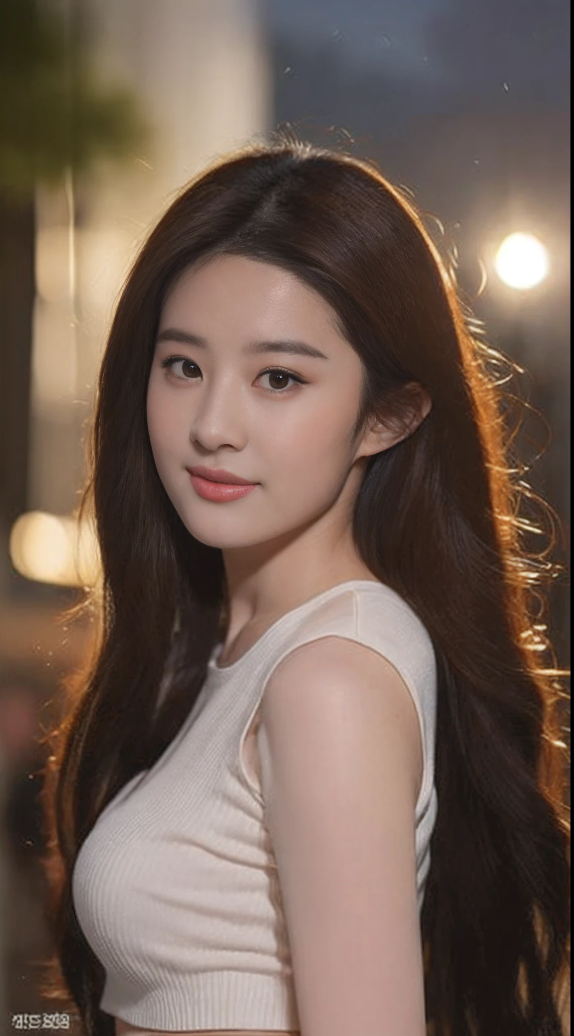 ((Realistic lighting, Best quality, 8K, Masterpiece: 1.3)), Clear focus: 1.2, 1girl, Perfect beauty: 1.4, Big breasts: 1.2, Slim abs: 1.1, ((dark brown hair)), (White crop top: 1.4), (Outdoor, night: 1.1), City streets, Super fine face, fine eyes, Double eyelids,