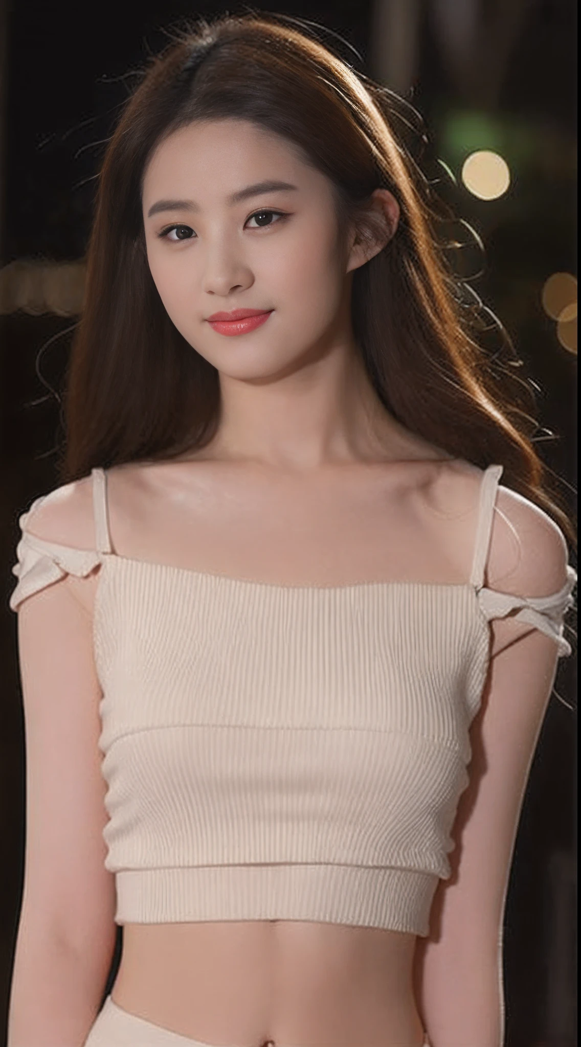 ((Realistic lighting, Best quality, 8K, Masterpiece: 1.3)), Clear focus: 1.2, 1girl, Perfect beauty: 1.4, Big breasts: 1.2, Slim abs: 1.1, ((dark brown hair)), (White crop top: 1.4), (Outdoor, night: 1.1), City streets, Super fine face, fine eyes, Double eyelids,