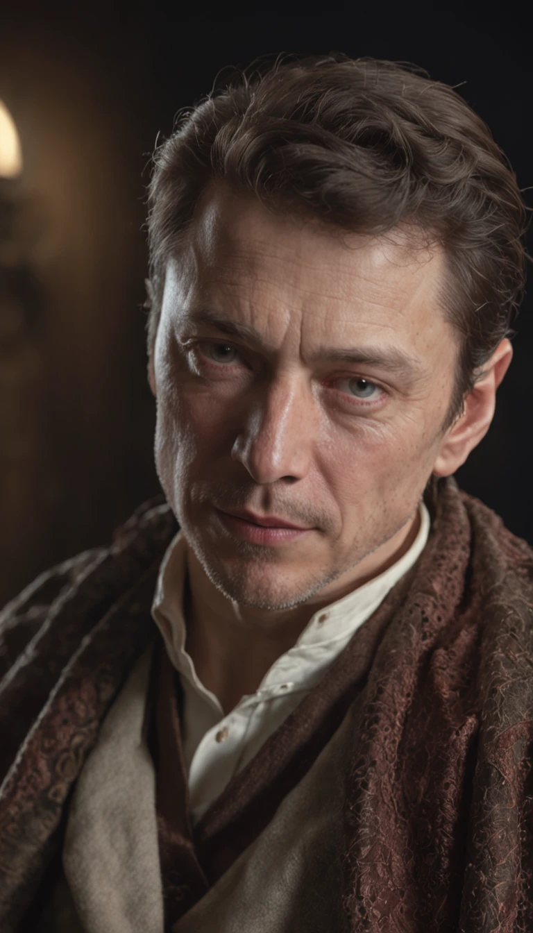 Mid-range RAW photo of Elon Musk looking at the camera, un hombre adulto con mirada seria, emprendedor, staring directly into camera, Kinematic, Detalles, fotorrealista, Hyper realistic photography, 8k UHD, DSLR, Soft lighting, alta calidad, Film grain, Fuji XT3, (obra maestra), staring directly into camera. (renderizado 3D profesional:1.3) de (realista:1.3) The most beautiful art photo in the world, Renderizado 8K Unity de cuerpo completo, action shot, poro de la piel, very dark lighting, sombreado pesado, detallado, Cara detallada, (vibrante, Realistic photography, realista, dramatic, oscuro, foco nítido, 8k), (Old leather garments damaged by weathering:1.4), (intrincado:1.4), decadente, (Altamente detallado:1.4), Pintura digital, renderizado por Octane, Estaciones de arte, Concepto-Arte, Suave, foco nítido, 插圖, Arte Germen, (loish:0.23), WLOP Ilya Kuvshinov, y Greg Rutkowski y Alphonse Mucha gracias, (global ilumination, luz de estudio, Light Volumetric), fuertes lluvias, particles floating, LotR, fantasy, Una vez, cuerpo completosbian, ((Fondo oscuro y antiguo de la ciudad:1.3)),CGSesociety,Estaciones de arte