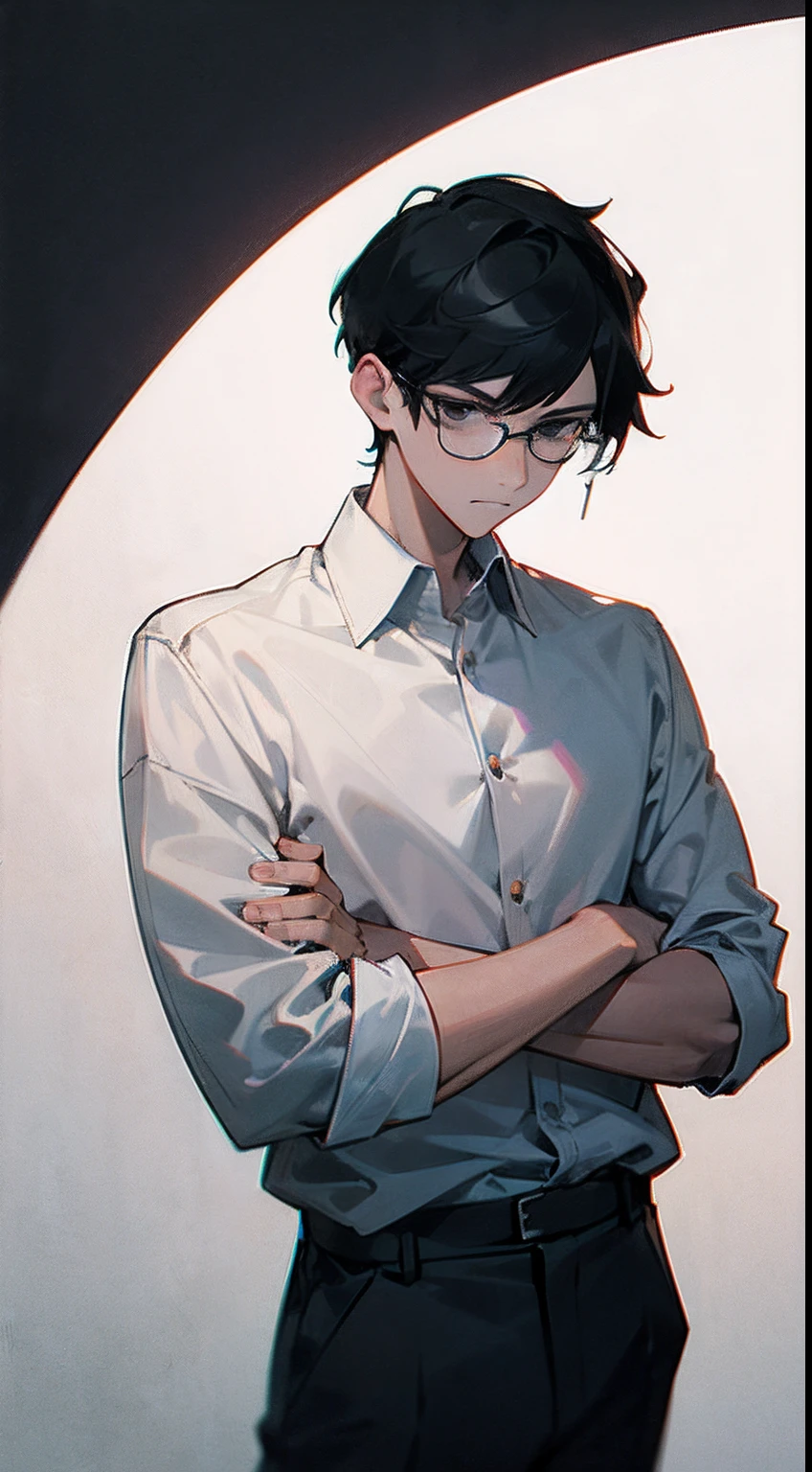Young man with black hair and glasses、White Y-shirt and slacks、Serious appearance、Calm eyes、Anxious look、Black eyes、Depressed posture、