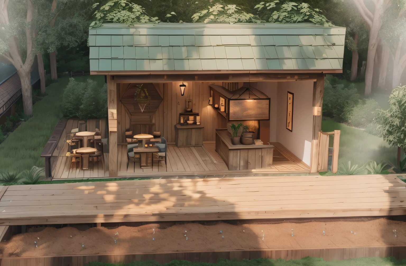 Full prompt:

"coffee garden, cozy atmosphere, tranquil setting, rustic charm, greenery, outdoor seating, relaxing ambiance, sunlight filtering through trees, aromatic coffee, serene escape.""house construction"