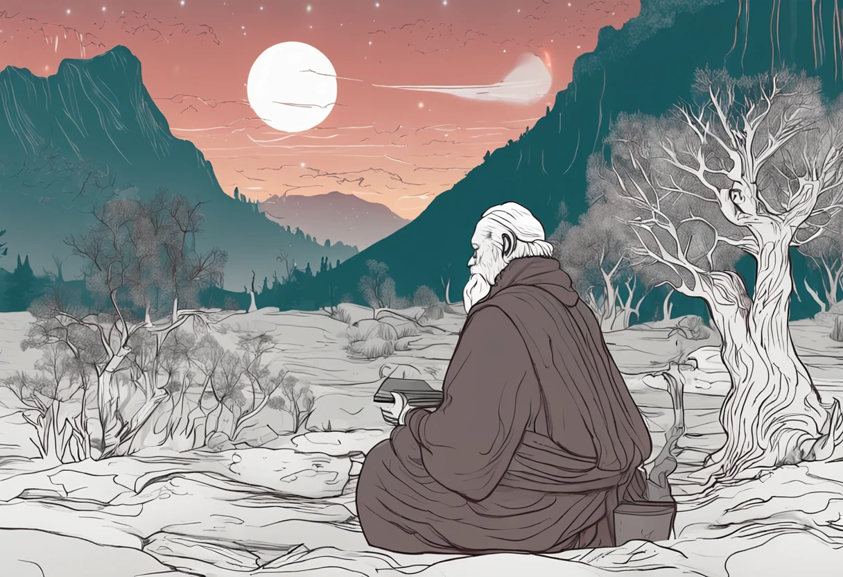 A mystical journey through an ancient forest, where a young character meets a wise old man and learns valuable life lessons. illuminator, Transformative & Magical, Charming, ethereal. Life after death. mysterious, Spiritual and touching. create an atmosphere of mystery and spiritual depth. deep, Thought-provoking and philosophical, Valuable Life Lessons Learned