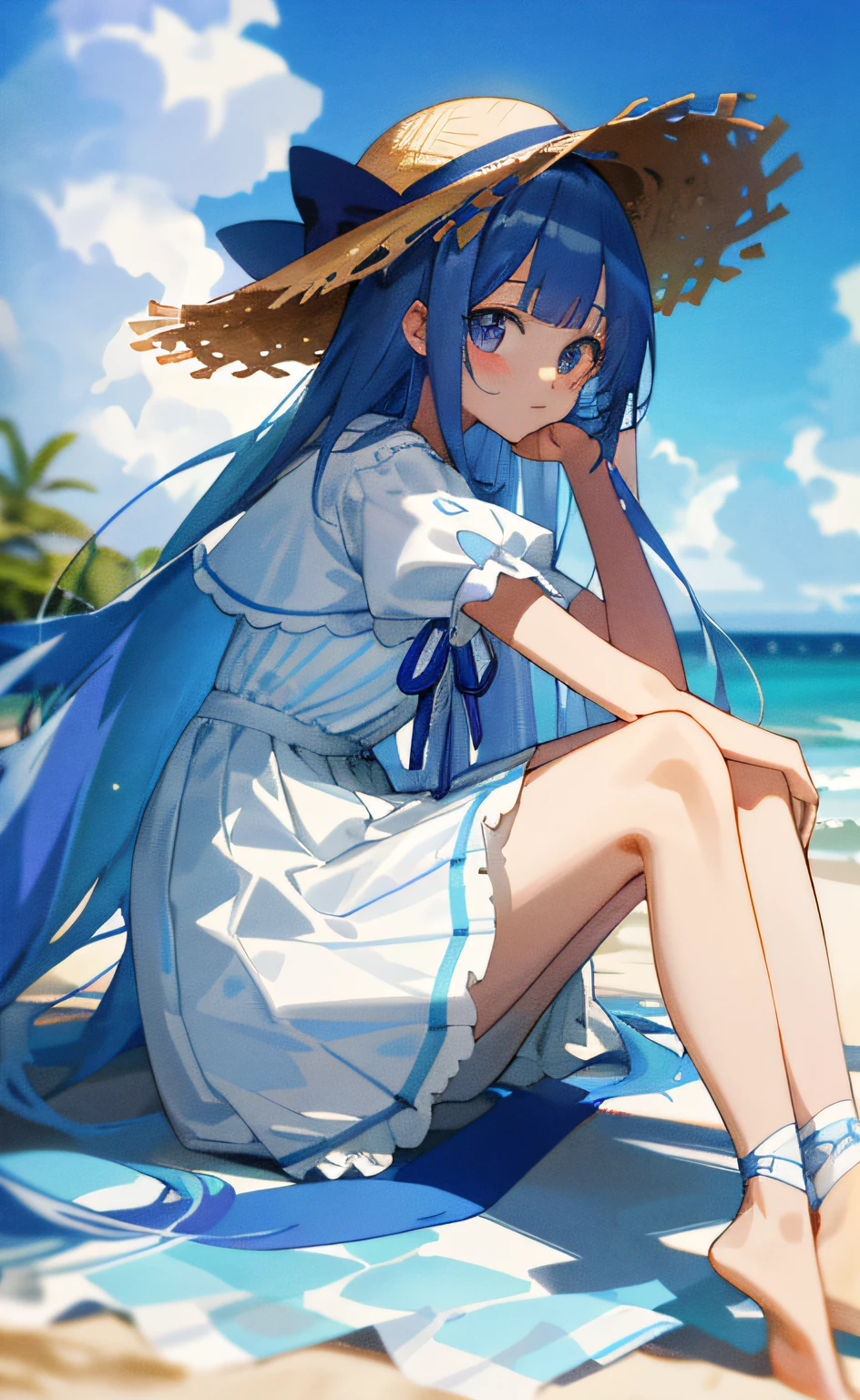 ((Masterpiece,Best quality)),beachside,1girll, Solo, Barefoot, Knees up, White color hair,Pick dyeing,purpleish color,Cute and touching personality,laughing joyfully,Straw Hat Hat,White court-style shirt,White cloak,Blue pattern,Court-style tuned skirts,Court-style sapphire ribbon,Very long hair,full bodyesbian,Sunlight,Mottled vision day,Narrow waist,Slim legs