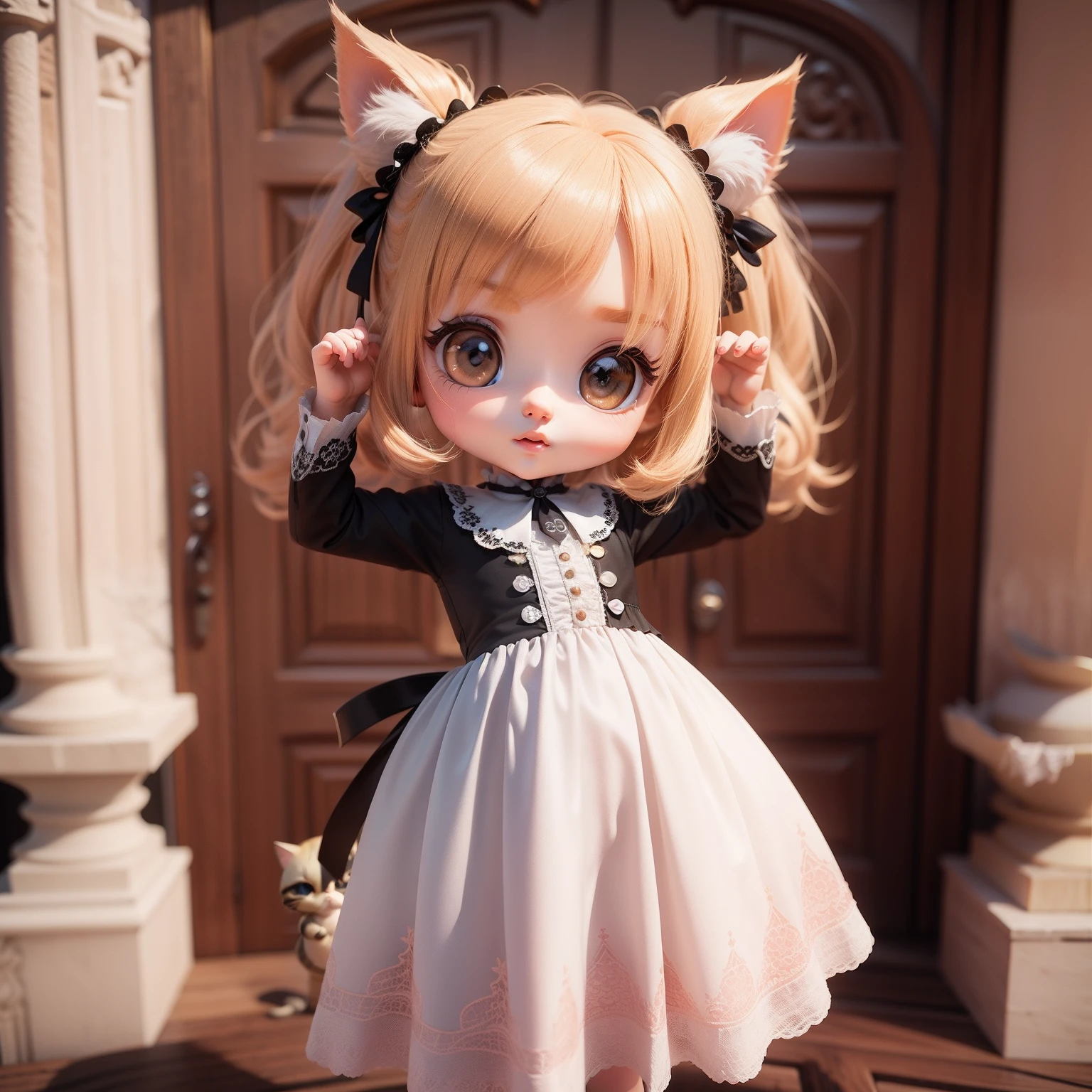 Cute Baby Chibi Anime、(((Chibi 3D))) (Best Quality), (masutepiece)、Black Cat Chibi、Sharp Claw Pose、A detailed face、Standing、Peaks in fairytale country