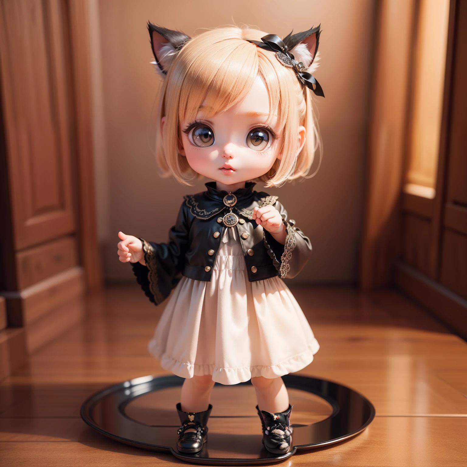 Cute Baby Chibi Anime、(((Chibi 3D))) (Best Quality), (masutepiece)、Black Cat Chibi、Sharp Claw Pose、A detailed face、Standing、Peaks in fairytale country