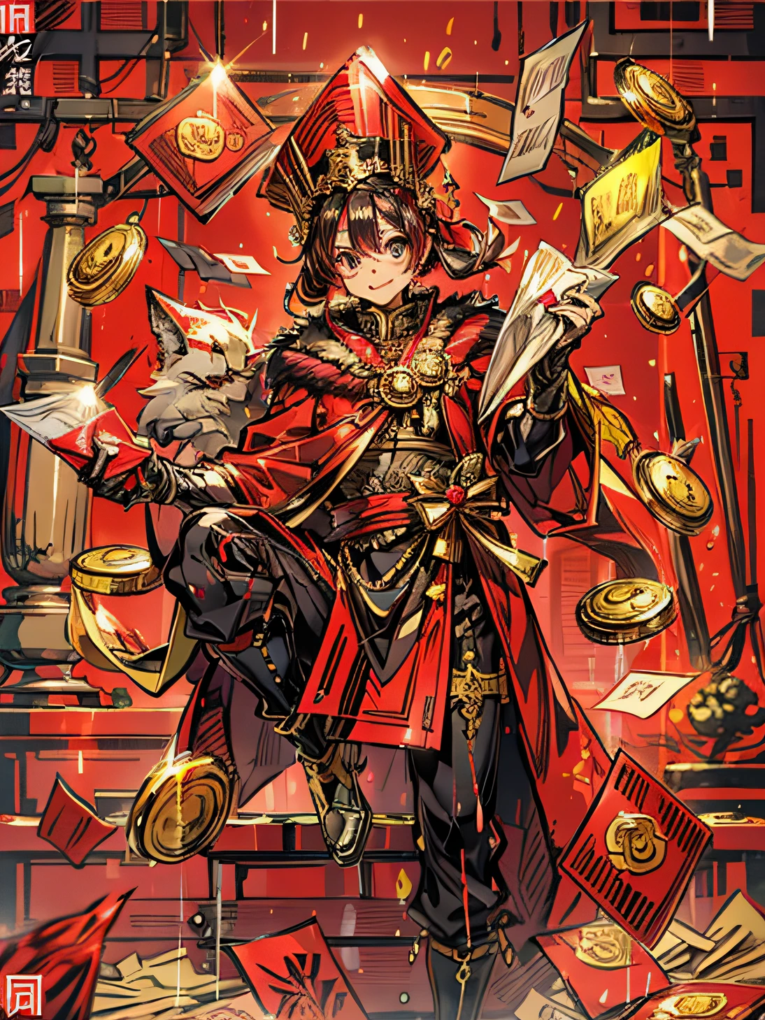 God of Wealth，ssmile，The background is all red envelopes，Red envelope rain，Gold ingots