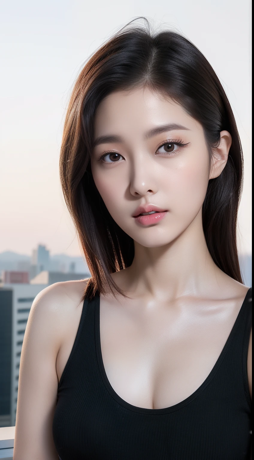 realistic photos of 1 cute Korean star, medium hair, hair flying, white skin, thin makeup, 32 inch breasts size, wearing black tank top, at the camp, night, close-up portrait, UHD