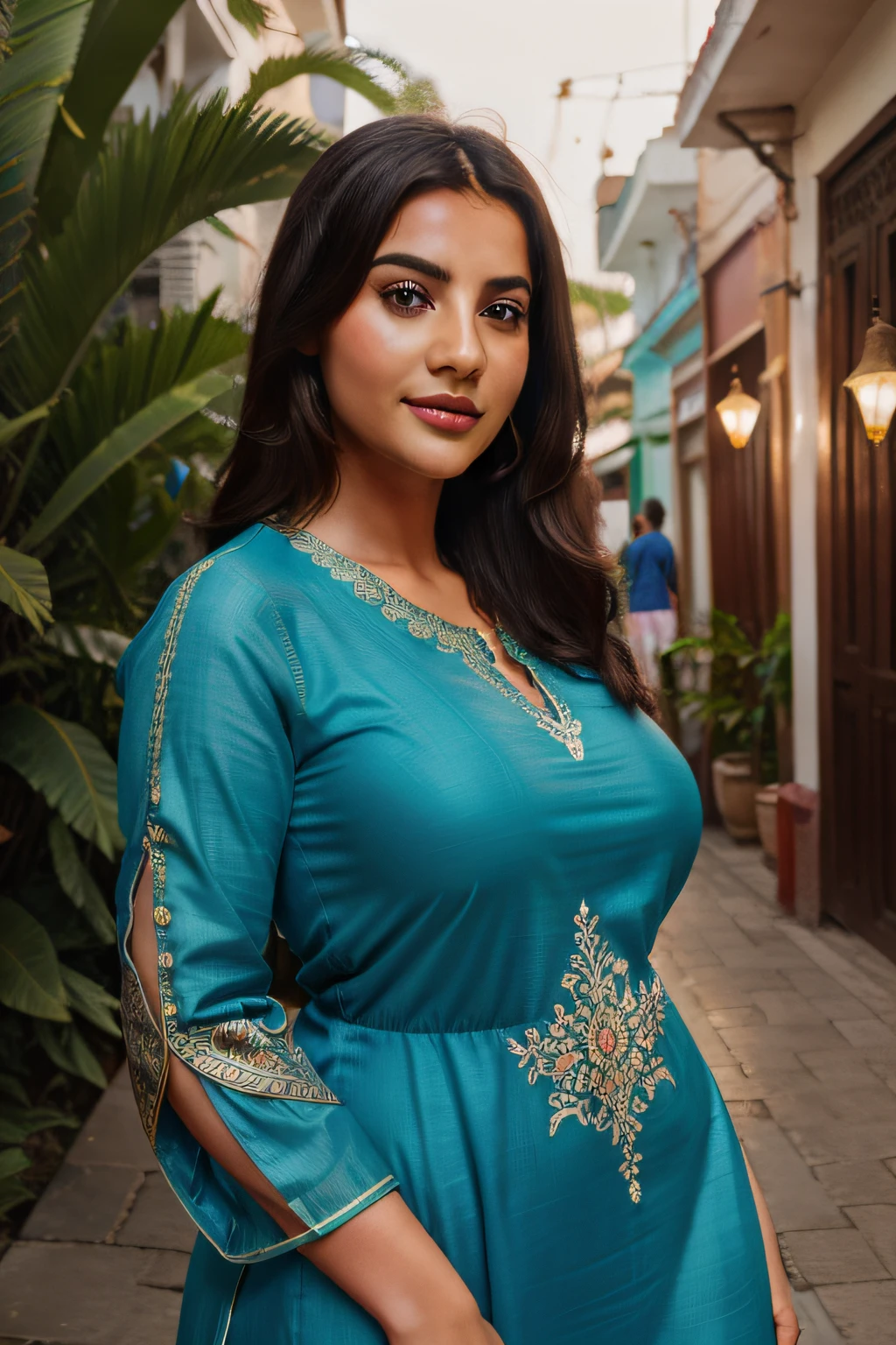 Create a photorealistic, hyper-detailed image of a beautiful Russian, a curvy body, a happy expression, wearing long kurti, and ornamental patterns, in indian street. fully covered. Focus on close-up shots to capture the texture of the fabric and skin. Add film grain and employ the best shadow techniques for an outdoor nighttime setting. Export in RAW with a tropical party Instagram LUT.