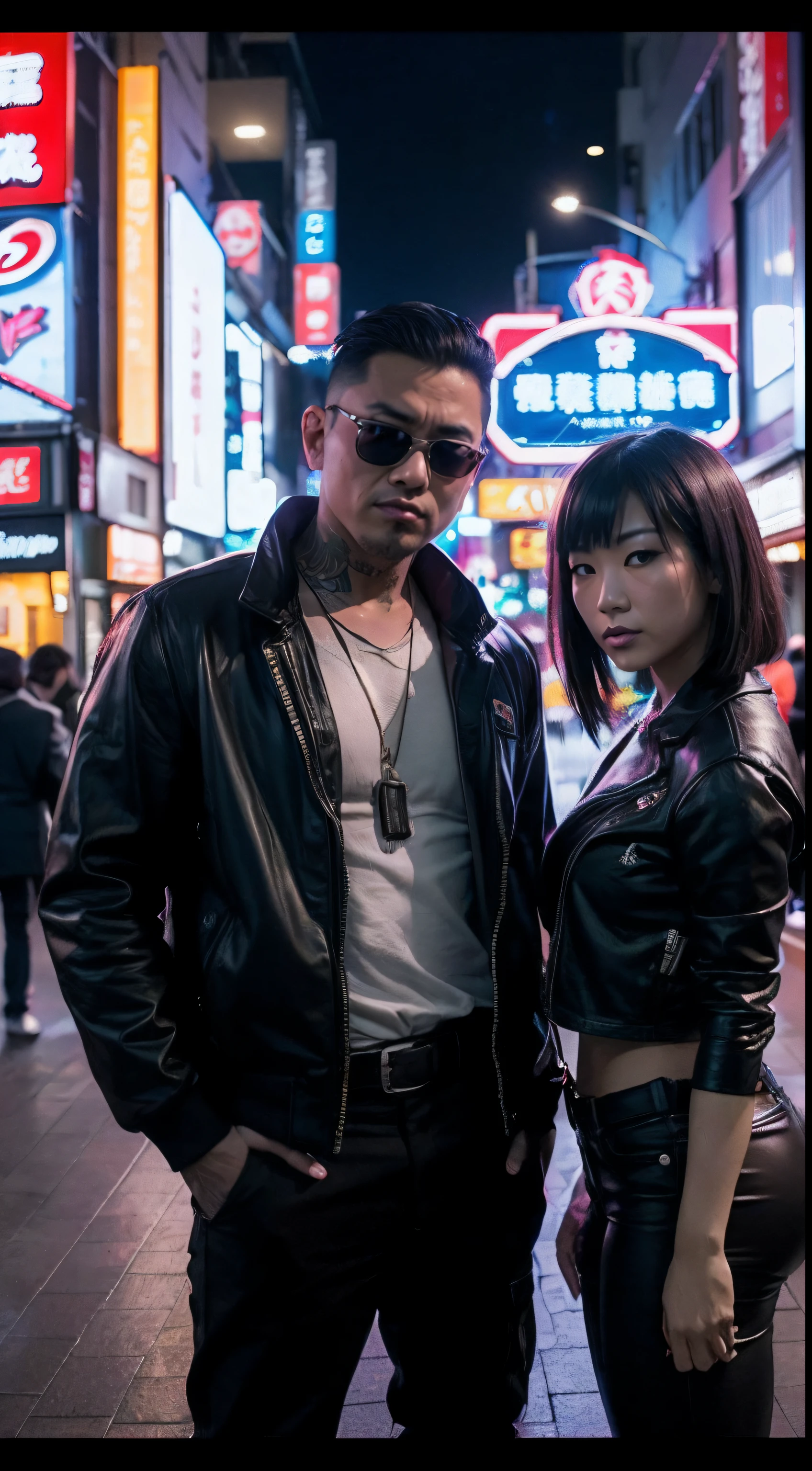 A photograph of a Japanese gang members in the Tokyo strip club, strippers are staying together with gangsters, neon signs all-around, dark, contrast, japan 80's colors, dark background, contrast, (cinematic light), (full frame DSLR Canon camera), 85mm macro, (f1.8), (ISO 1200)
