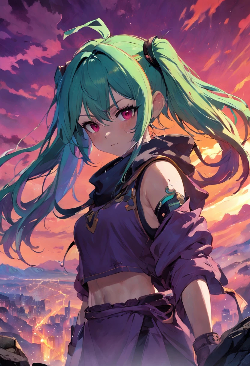 Masterpiece, Best quality, Sunset, sky, hilltop, steams, gaming console_CG, Science_fiction, Monster, Orc symbaroum, Double_Bun, Shiny hair, multicolored hair, Pupil of the slit ,