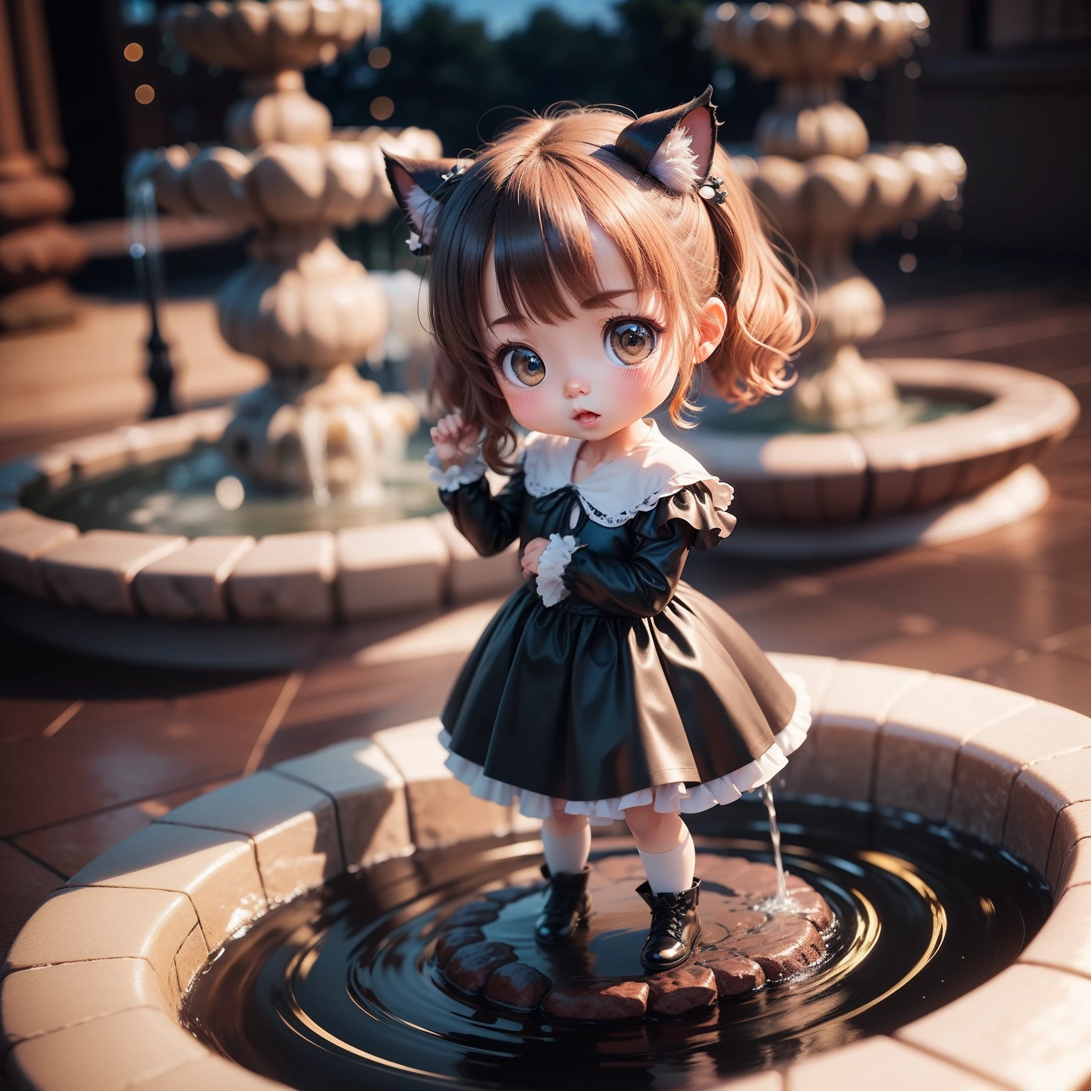 Cute Chibi Anime、(((Chibi 3D))) (Best Quality), (masutepiece)、Black Cat Chibi、Sharp Claw Pose、A detailed face、Standing、Fountain in fairytale country、Splashes of seven colors
