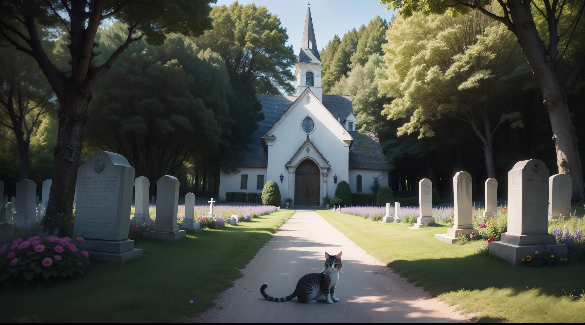 Austrian Hill top churches, lush greenery all around, very colorful. Ultra wide angle shot, shot in Lumix G9 with 18mm lens.  lone tree near the church, cemetery with colorful flower beds::a cat in the forest, soft light, fantasy like, dream photography, volumetric lighting. ULTRA HD, PHOTO REALISTIC, 12 K resolution, highly detailed, masterpiece, professional photography, award winning. --v 5-2, --chaos 5, --AR 16:9, --s3