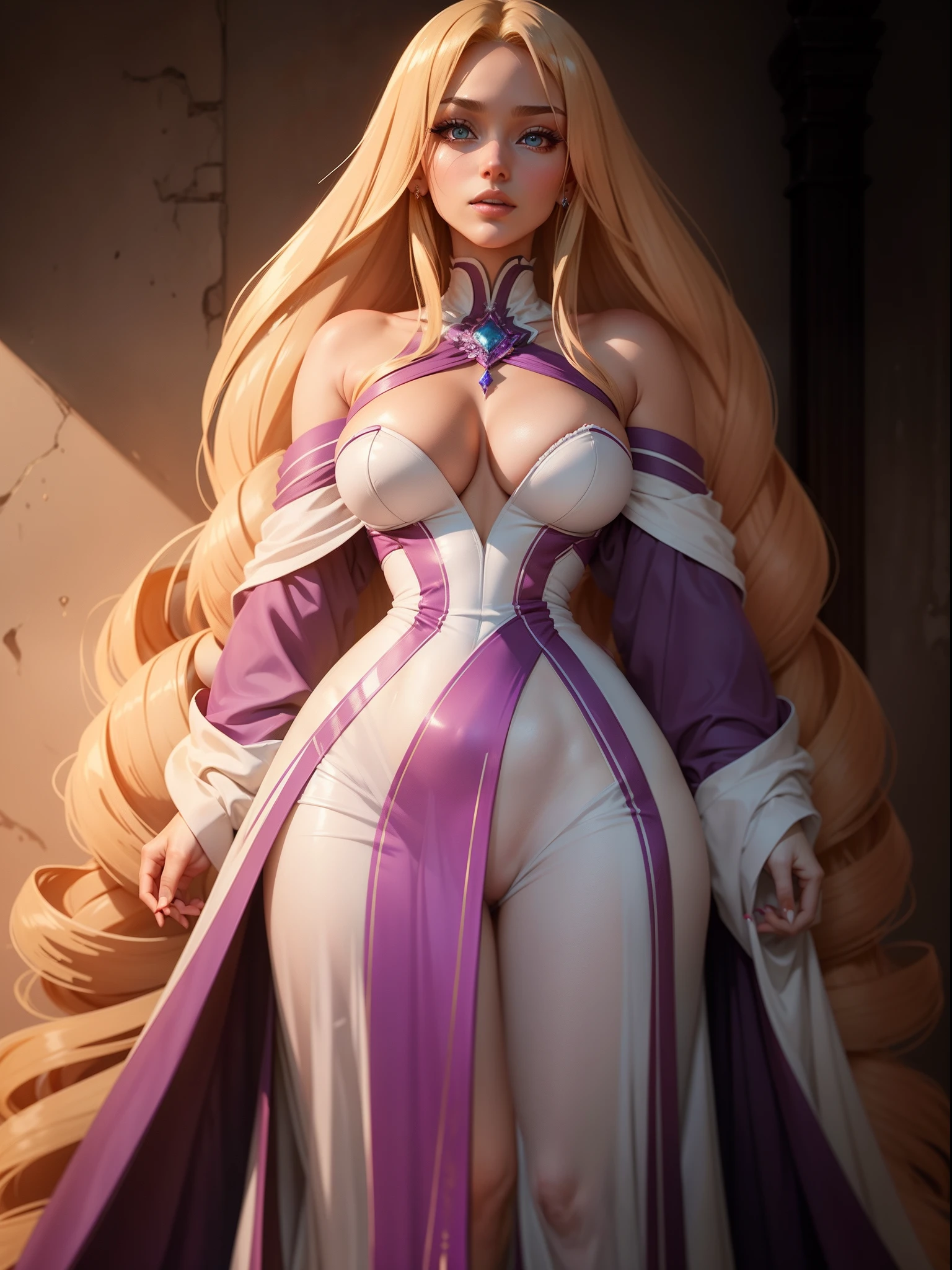 Create a stunning and tall female character with a mesmerizing blend of features. She stands gracefully with a curvaceous figure, her long, flowing hair cascades down her back in a striking blend of light blue at the top, transitioning into a beautiful honey-blonde shade that reaches just above her lower back. Her hair is adorned with side bangs that gracefully frame her face and extend down to her neck. Her captivating eyes are a captivating fusion of purple-pinkish hues, drawing you in with their enchanting gaze. Her lips are delicately glossed in a soft shade of pink, and her fingernails are painted in a striking shade of red. Her presence exudes a unique beauty that captivates anyone who sees her."