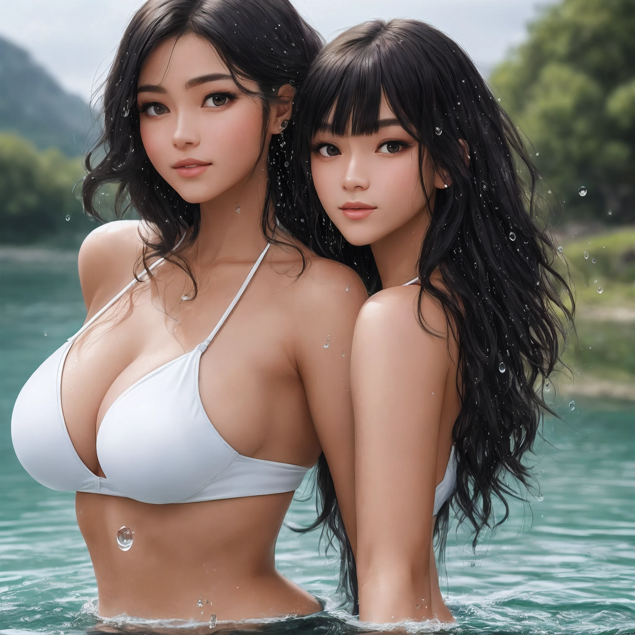 best qualtiy,tmasterpiece,Large breasts,二重まぶた,largeeyes,Beautuful Women,Beautiful eyes,bshoulders,with fair skin,a white bikini,Incredibly ultra-detailed,stunningly realistic,sentado em frente a um lago,best qualtiy,tmasterpiece,Dark light,cabelos preto e longos,Similar to a live-action videography,Look at the audience tenderly,Water droplets on the hair,Real Human