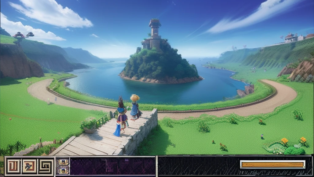 鸟山明风格,Flat pixel games《dragon quest》,Game scene design,(a paradise:1.4),16-bit pixels