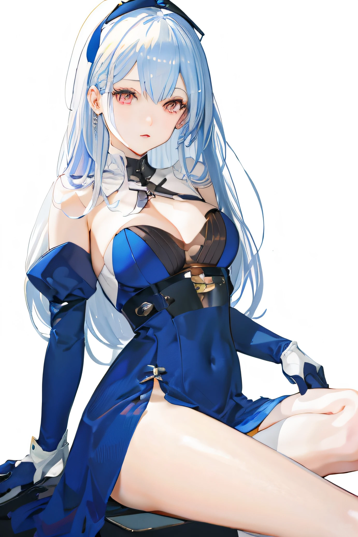 Anime girl sitting on stool in blue dress,legs crossed, azur lane style, from girls frontline, seductive anime girls, 《azur lane》role, Perfect white haired girl, pixiv 3dcg, A scene from the《azur lane》videogame, Tifa Lockhart with white hair, full body commission for, Marin Kitagawa fanart, in dress