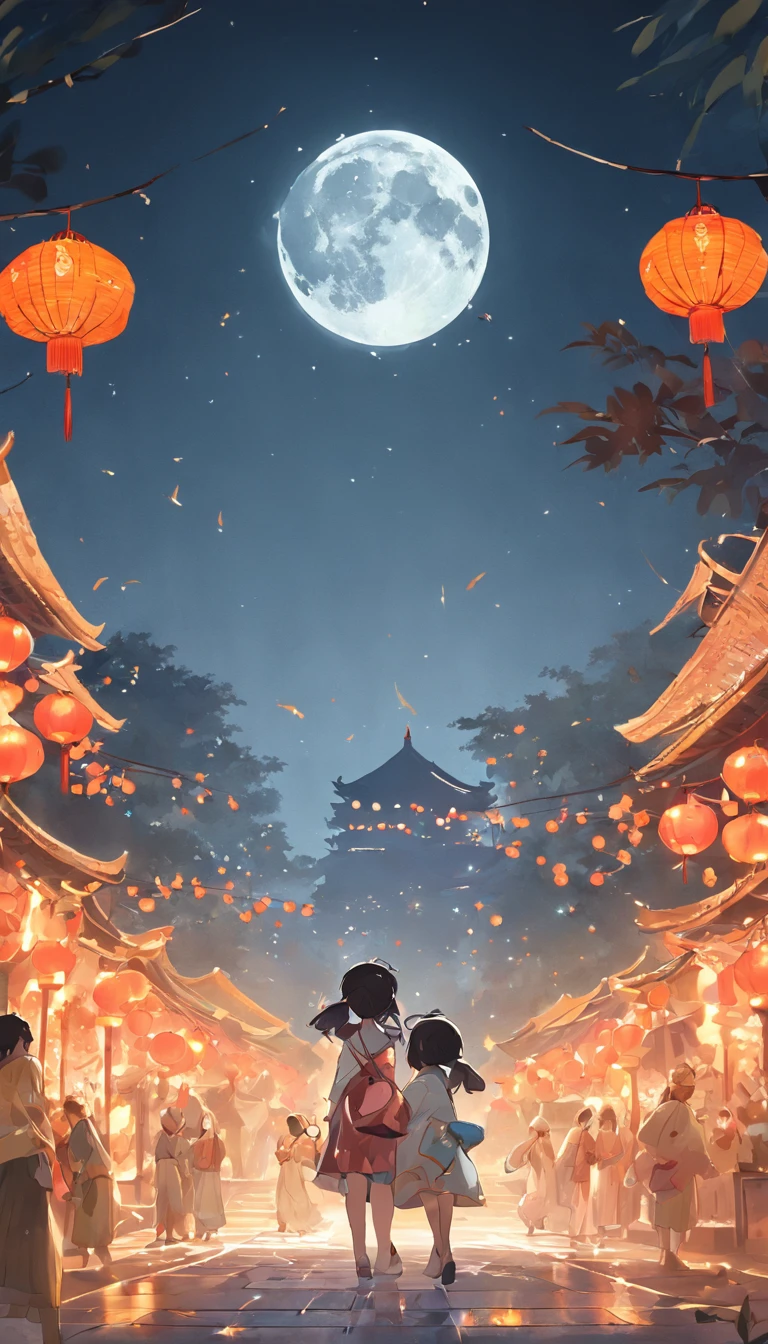 Mid-Autumn Festival、Full moon、Two pandas stand and run to the camera,themoon,As estrelas,Mooncake stalls、The lights will be lit、fire works、tradit、celebrating、enviroment、Plaza、Bamboo lanterns、the night、celebrating、Artistically、device、decor、resource,high definition resolution