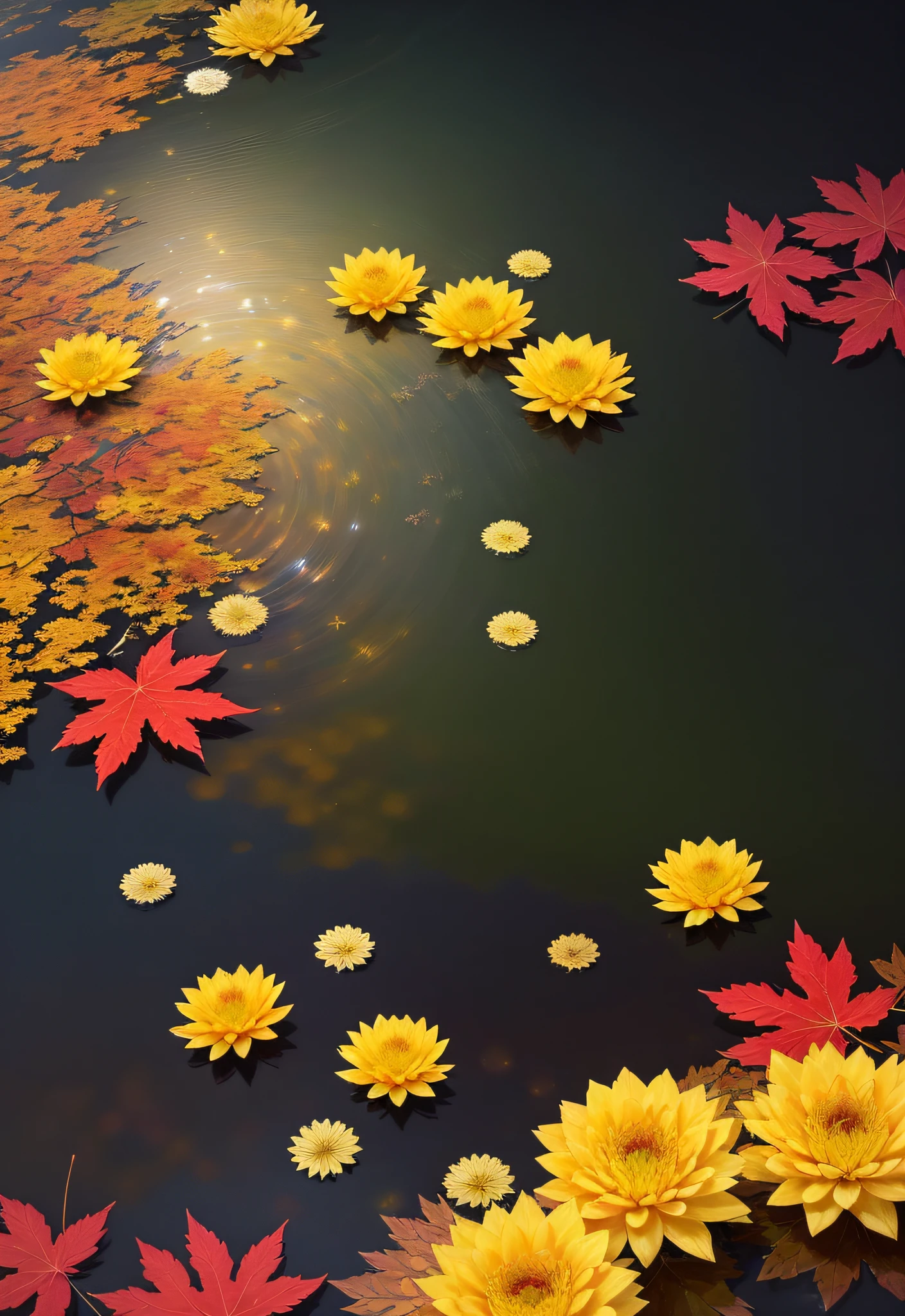 scenecy,Eau,maple leaves,chrysanthemums(Very detailed CG unity 8k wallpaper),most beautiful artwork in the world,Professional majestic oil painting,iintricate,high detal,sharp fokus,dramatics,Realistic painting art