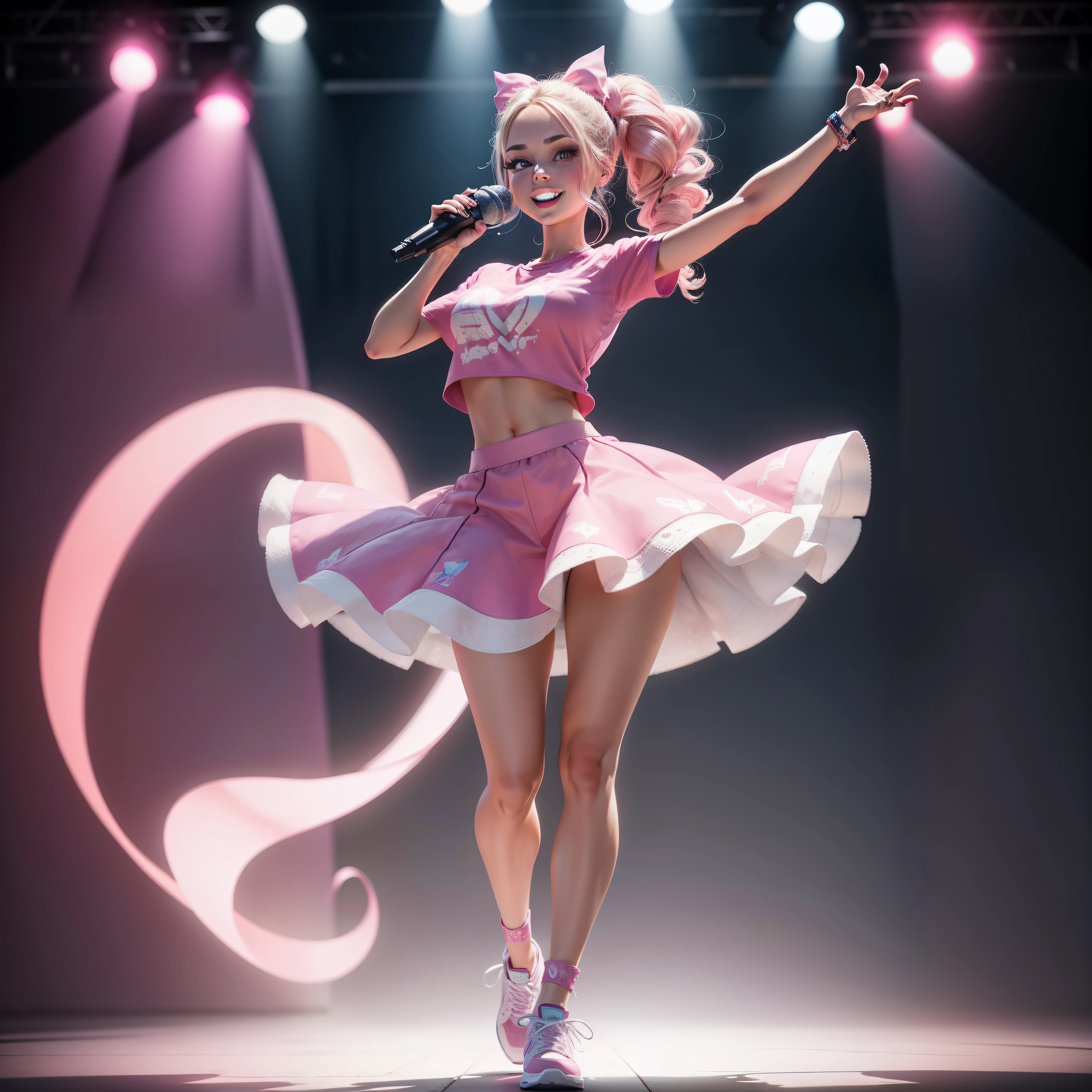 Barbie, ((Full body)), Blue eyes, Smiling face, Hair loss swaying in the wind, Hip Hop Singer Pose, Dressed in hip-hop style, Pink T-shirt included, ((Hand Modern Microphone)), With a pink bow on the arm, Fashion, Extremely high quality, high details, 8K, 64k uhd, clean back ground, in studio, ((Full body shot)),