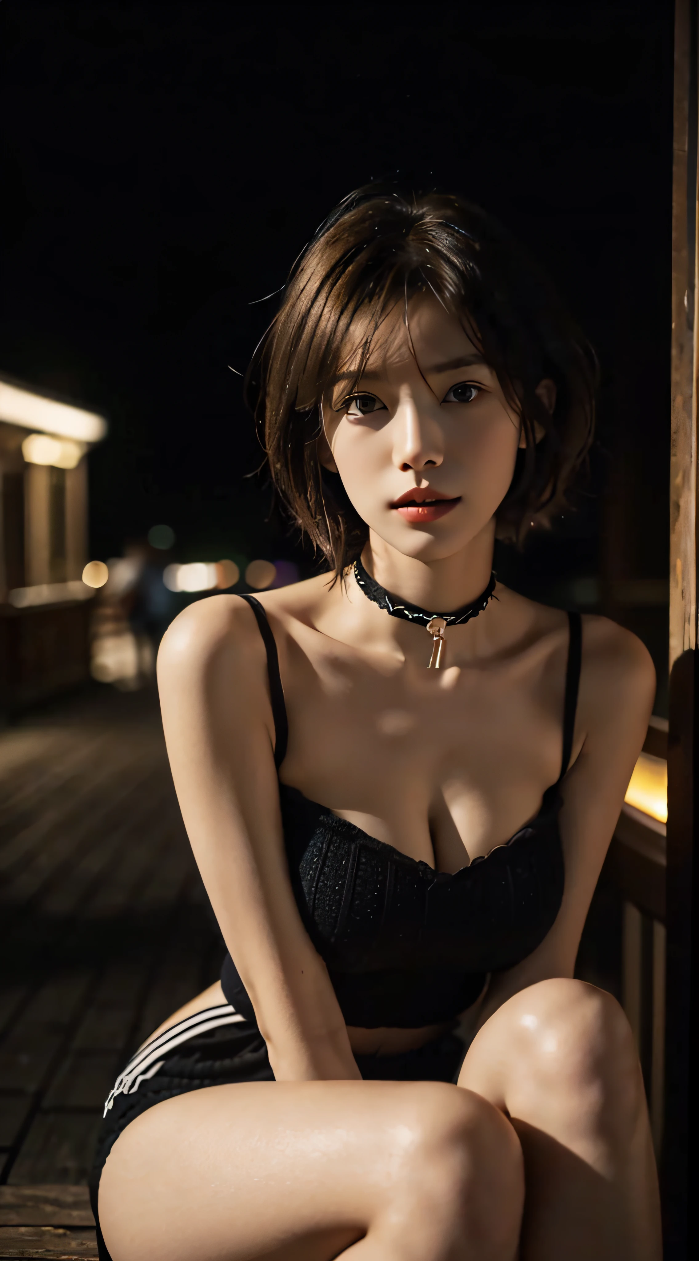 top-quality, Drawn details, (deep in the night:2), (natta), (Put your face in, above knee), masterpiece, 超A high resolution, (Realistic:1.4), Raw photo, (fair and clean skin), (Smaller head), (a small face, with round face), (Beautiful fece), (Beautiful expression), (big eye:1.3),(Looking at me with a smile:0.7), (Strong affection), cute little, (Brownish, Bery short hair, Soft hair quality:1.7), (One woman, solo), (firm breasts, Huge breasts:1.6), (A slender:1.7), (thin waist, Thin arms, Thin leg, thin neck, thin shoulders:1.6), (sloped shoulder), (Beige, off shoulders、knit), (a choker, A black) BREAK (hacker), (In front of the computer, Monitors, Programming), (Dark cloudy sky), (In the Dark、Only the surroundings of people are enveloped in soft light:1.5)
