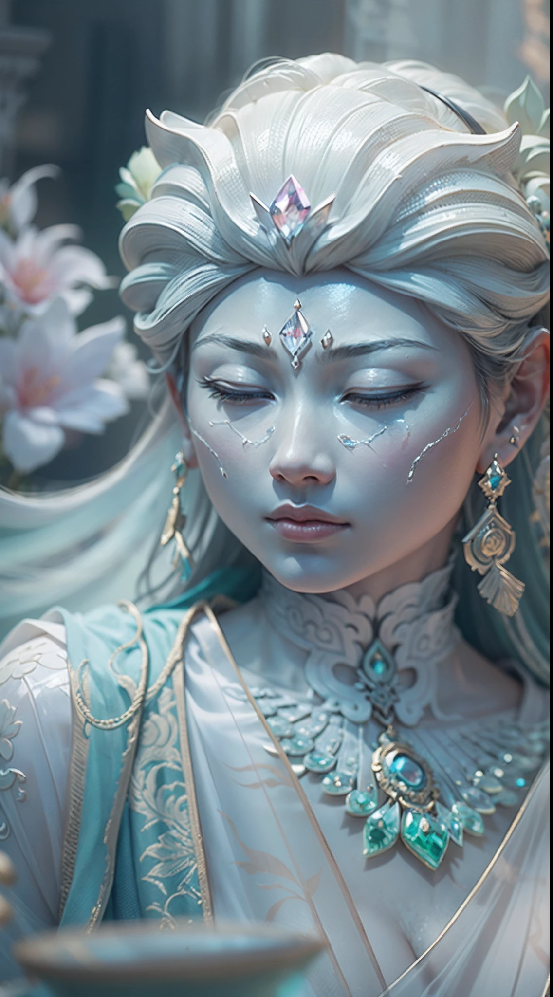 best qualtiy,Masterpiece,Photorealsitic,the detail,super detailing,rendering by octane,lightand shade contrast,Jade carving girl,Solo,closeup cleavage,The whole body occupies half of the picture,((((Meditating)))),Hand pinching the law,(A body made of white jade:2),(((Crystal clear body))),((((Transparent material representation)))),Extremely perfect material properties,Material reflection,Perfect facial features,Elaborately carved face,Behind it is a huge phantom