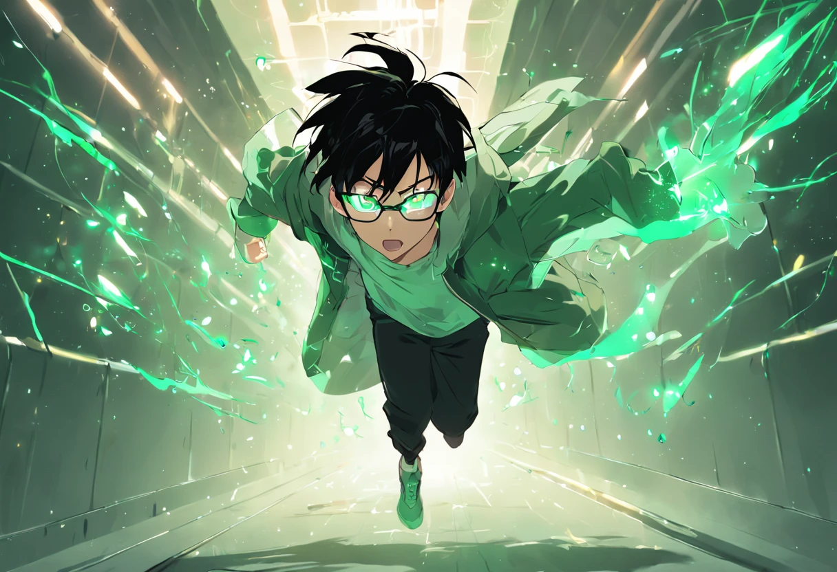 generate an image of a teenager with black hair and wearing an eyeglass levitating in the air,with green lights surrounding him,in the school corridor, 4k, illustration