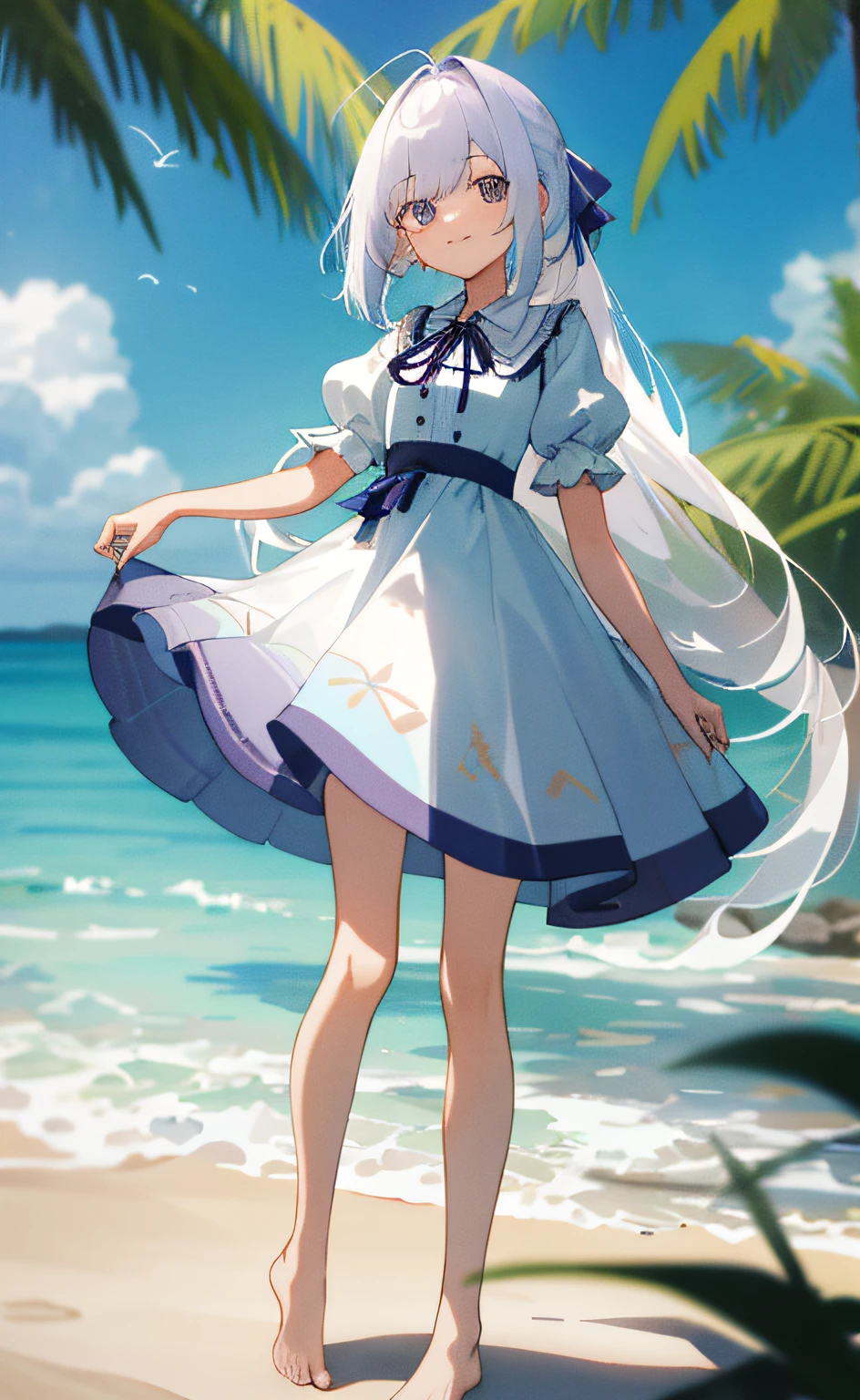 ((Masterpiece,Best quality)),1girll, Solo, Barefoot, Knees up, Court-style dress, Short sleeves, beachside,Very long hair, shy,Expectant eyes,standing ,White hair,Pick dyeing,Bangs pick dye,purpleish color,Puffy sleeves, puffy short sleeves, full bodyesbian, White dress, Sunlight, Dappled sunny day, leg belt,Narrow waist, Slim legs,ribbon