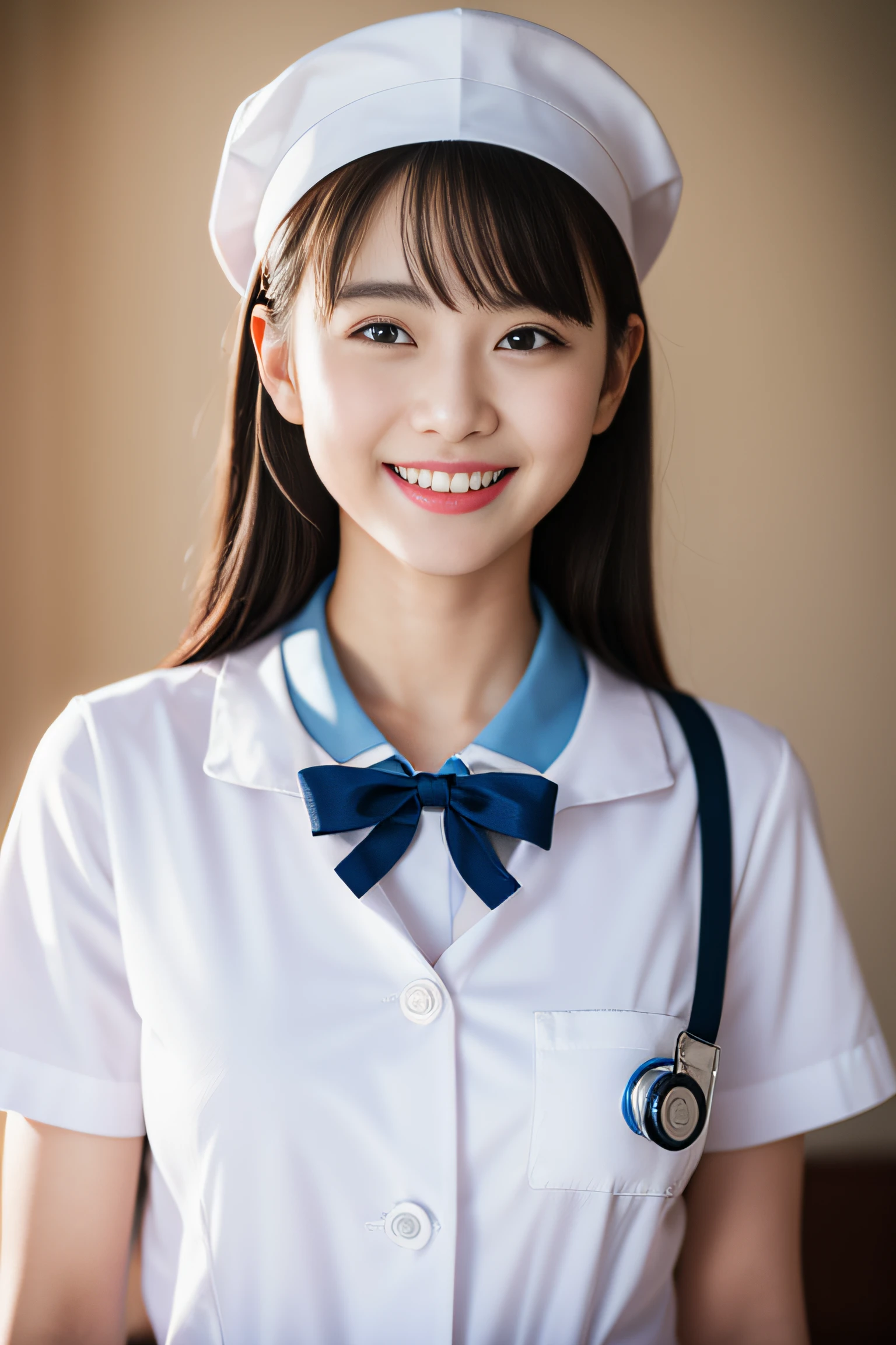 1 slender girl, flat chest, white nurse uniforms, nurse cap, bangs, with clipboard, smiling, with staffs, cinematic lighting, (8k, masterpiece, best quality, raw photo), action