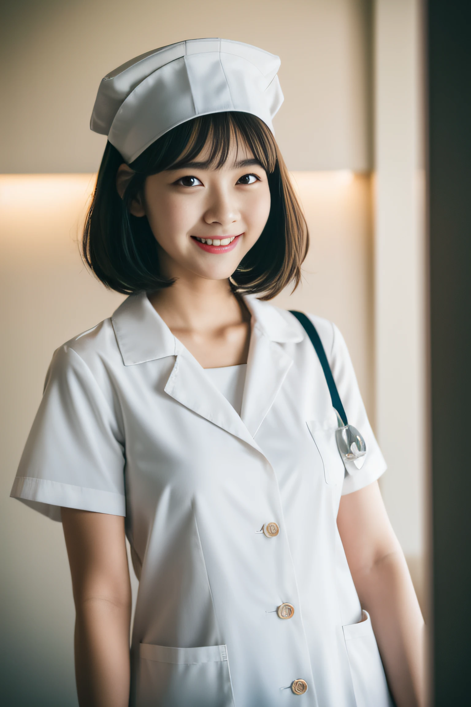 1 slender girl, flat chest, white nurse uniforms, nurse cap, bangs, with clipboard, smiling, with staffs, cinematic lighting, (8k, masterpiece, best quality, raw photo), action