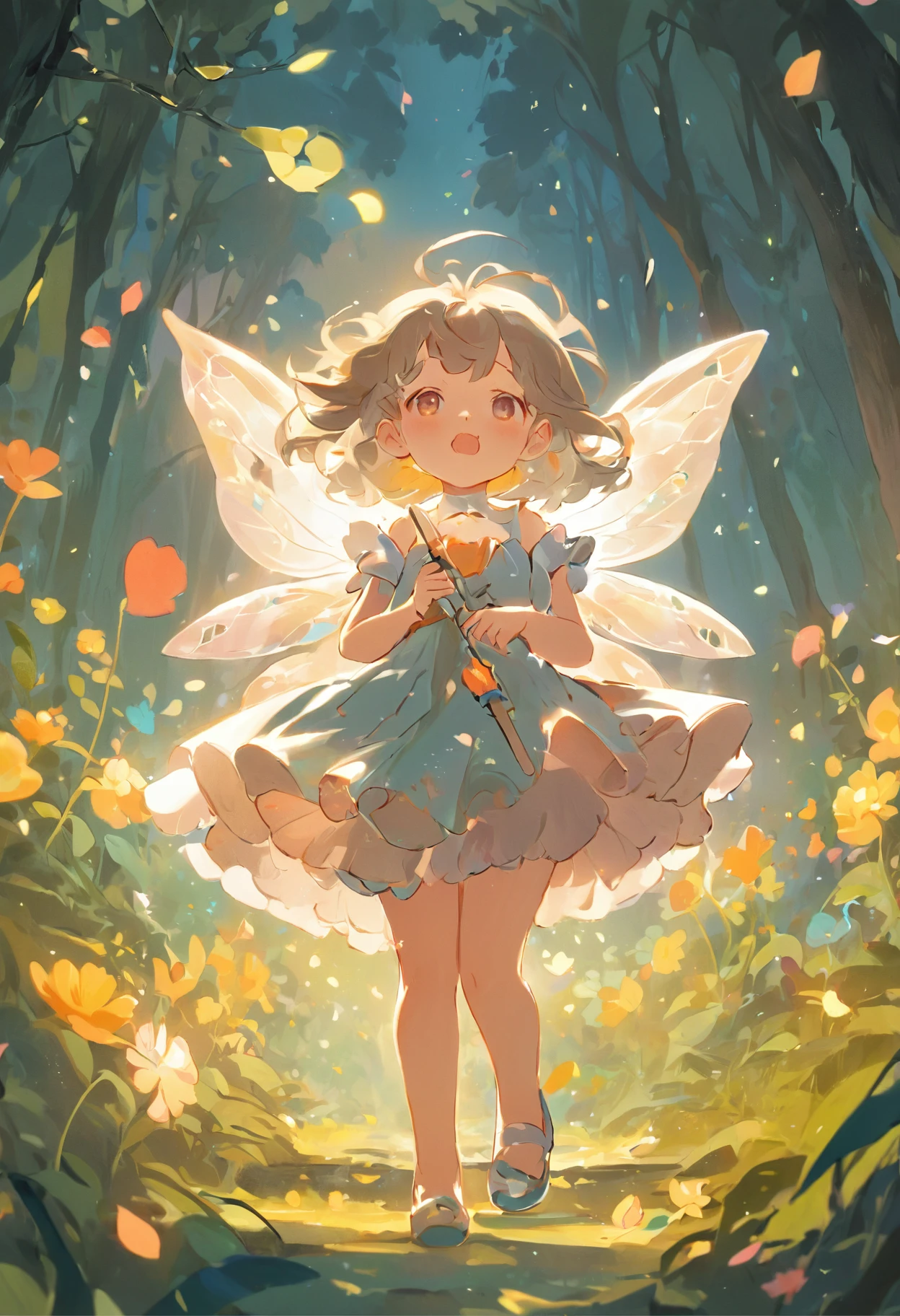ln the forest，night moon，Mini cute 3  flower fairy, Chubby toot，Skirt made of petals，Huge flowers，Colorful colorful，Transparent colorful wings, Magic wand，closeup cleavage，Light attenuation，Glow effects，depth of fields，high light，Real light，Ray traching，oc rendered，Hyper-realistic，best qualtiy，8K，Works of masters，super-fine，Detailed pubic hair，Correct anatomy，sharp focus on eyes，Bokeh，Facial features are carefully depicted，in style of hayao miyazaki，Miyazaki animation style