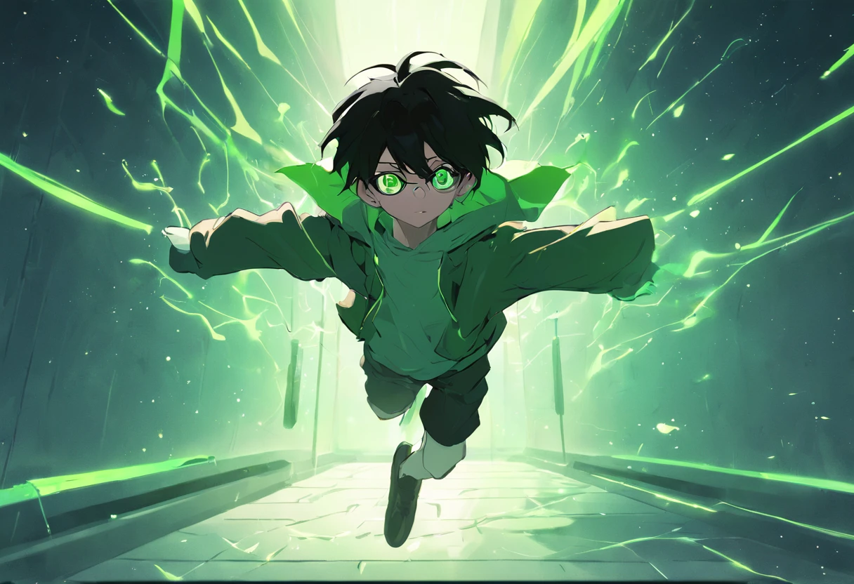 generate an image of a ager with black hair and wearing an eyeglass levitating in the air,with green lights surrounding him,in the school corridor, 4k, illustration