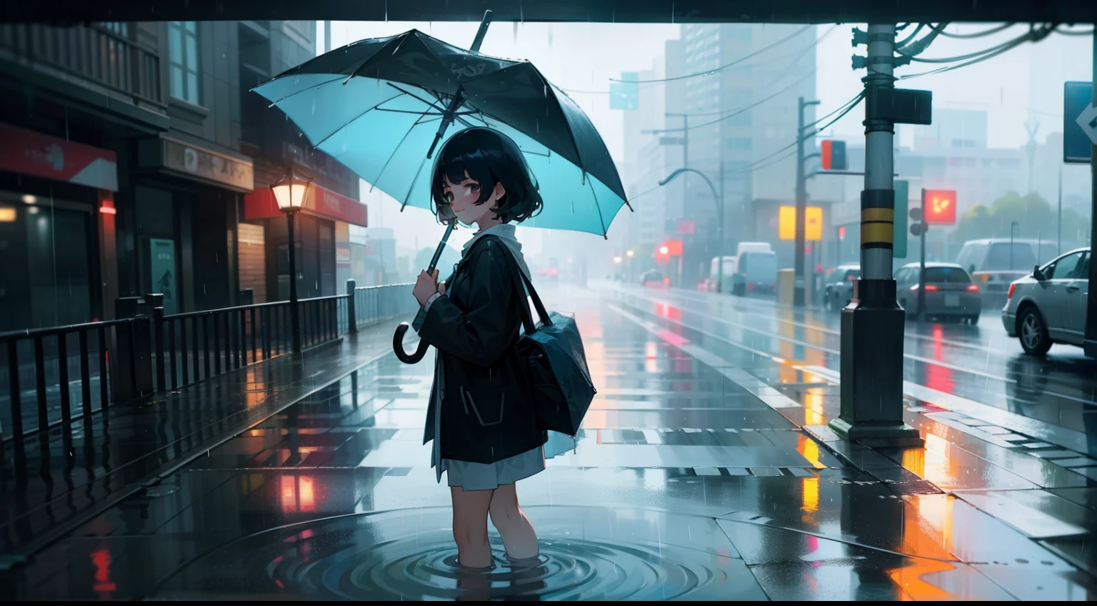 a pregirl,No umbrella,Walk through the city streets that flooded her ankles, rain,With a relaxed expression,There is no umbrella,Positive underwear rain,The body is lost by rain,Rain creates waves on the surface of the water,plethora of colors,tmasterpiece,The viewing angle is from top to bottom,