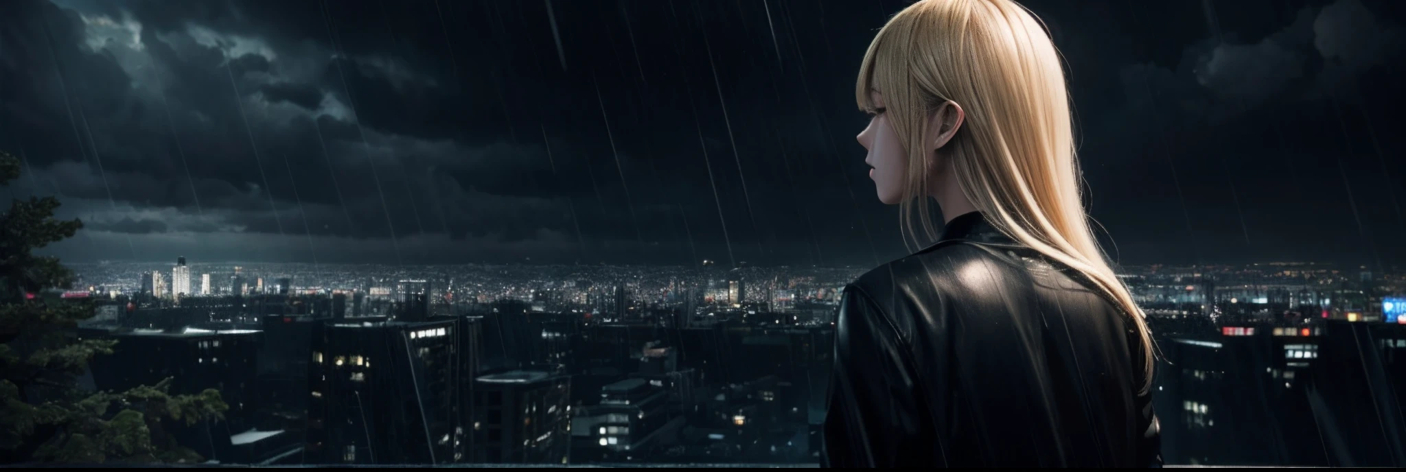 Sad girl,cry,darkness,Rain sky,。.。.。.。.3D,Upscale,hard disk,a blond,is crying,with his back turned