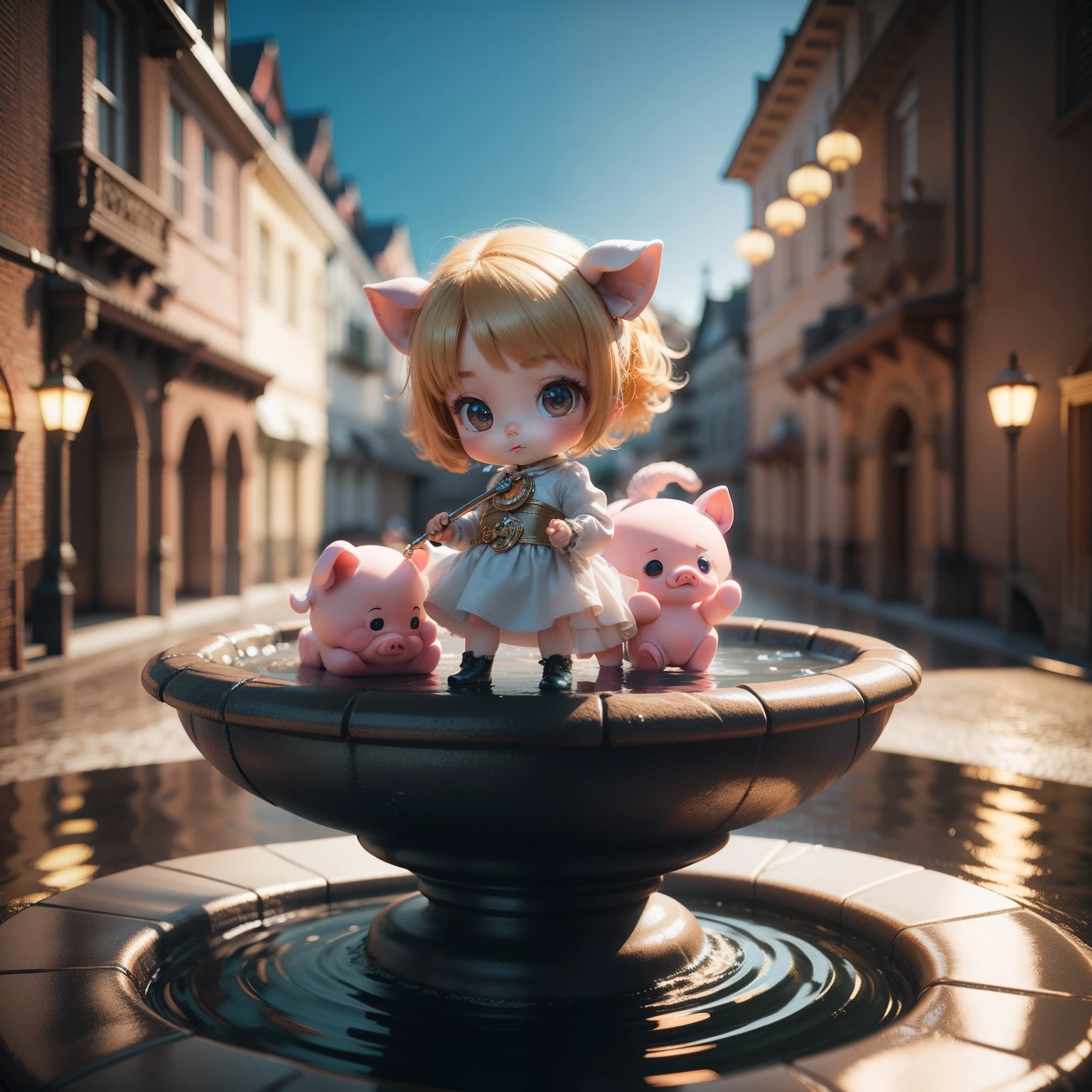Cute Baby Chibi Anime、(((Chibi 3D))) (Best Quality), (masutepiece)、Pig Chibi、Sharp Claw Pose、A detailed face、Standing、Fountain in fairytale land、Splash of 7 colors