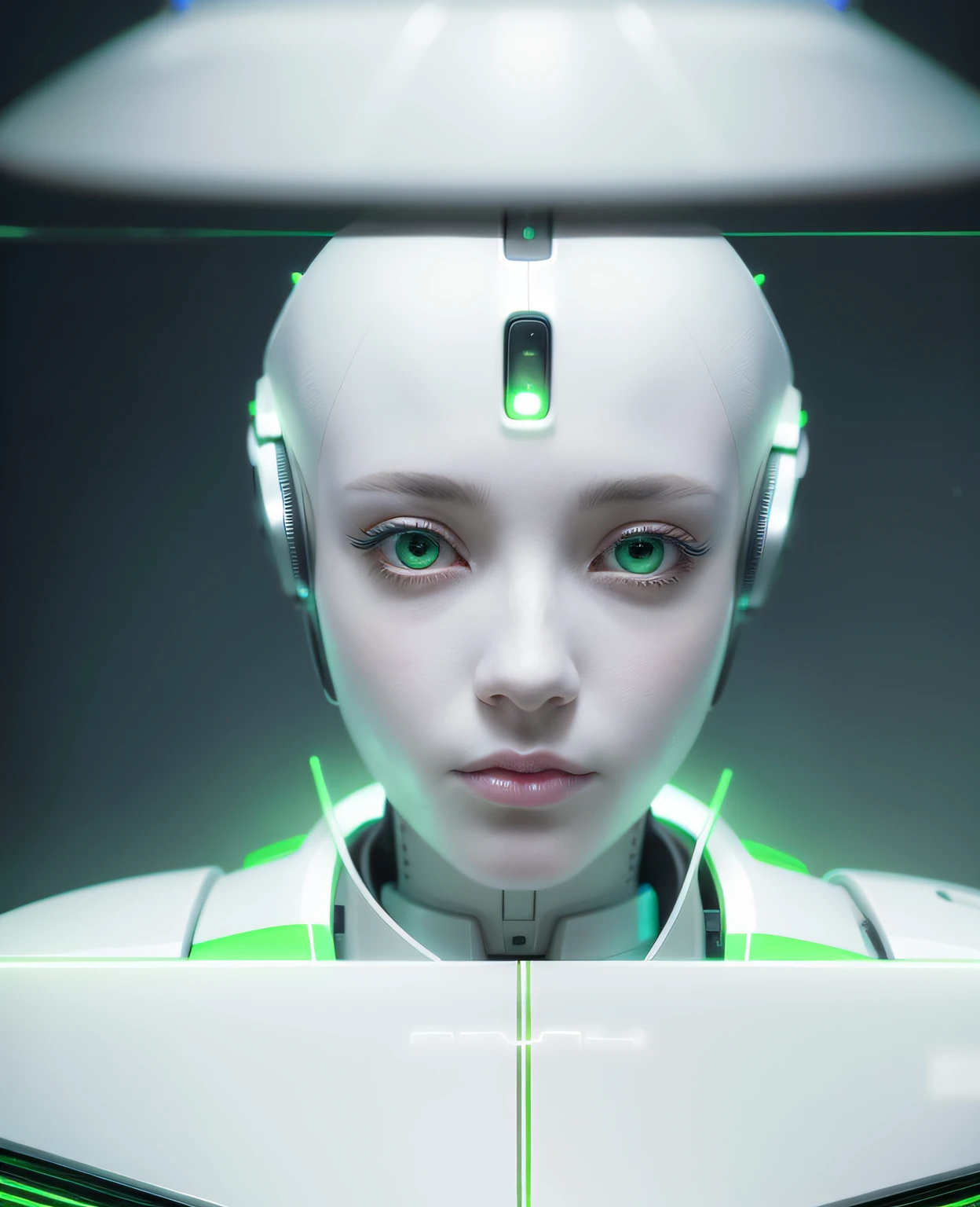 Futuristic woman with green eyes and headphones looking at camera, beautiful female android, portrait of female android, portrait of female android, perfect android girl, beautiful android woman, portrait of female humanoid, beautiful female android!, female android, beautiful white girl cyborg, portrait of a futuristic robot, sci-fi android female, portrait of a robot, Cute cyborg girl